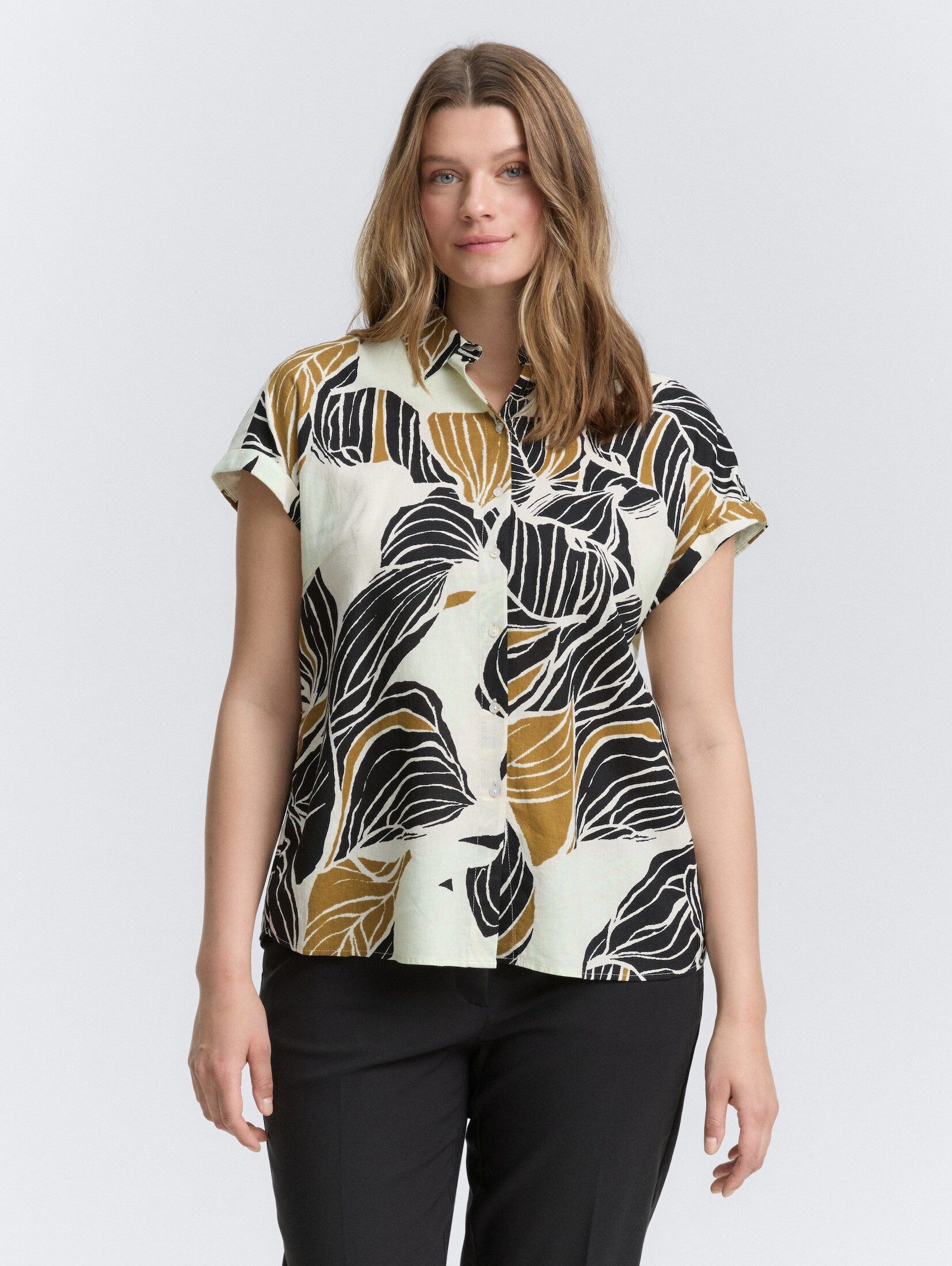Kurzarmbluse Plus Size - Loose Fit Bluse mit Leinenanteil