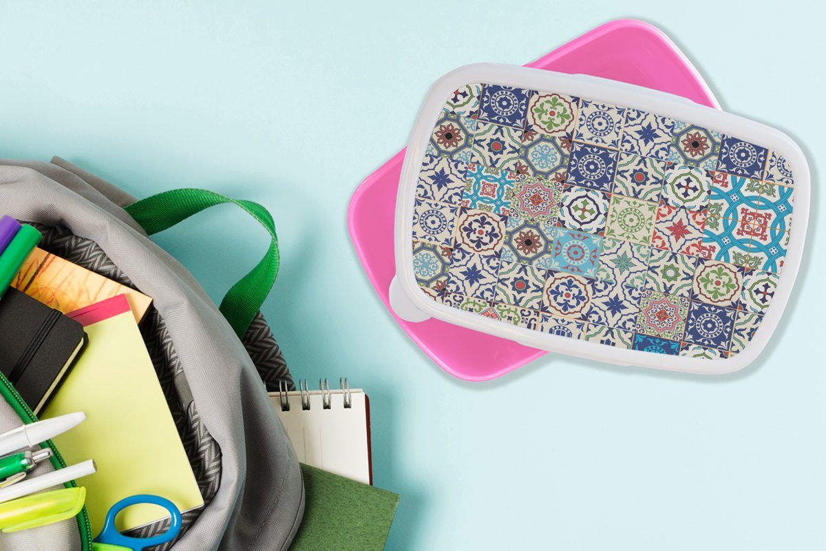 Mädchen, - Brotdose Blau, Kunststoff, (2-tlg), Kinder, Erwachsene, Lunchbox - Snackbox, rosa Grün Kunststoff Muster für Blumen MuchoWow Brotbox -