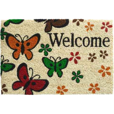 Fußmatte Kokosmatte Welcome Spruch Blumen als aussen Sauberlaufmatte, matches21 HOME & HOBBY, rechteckig, Höhe: 15 mm, Rutschfeste Kokos-Türmatte als Outdoor Schmutzfangmatte 40x60 cm