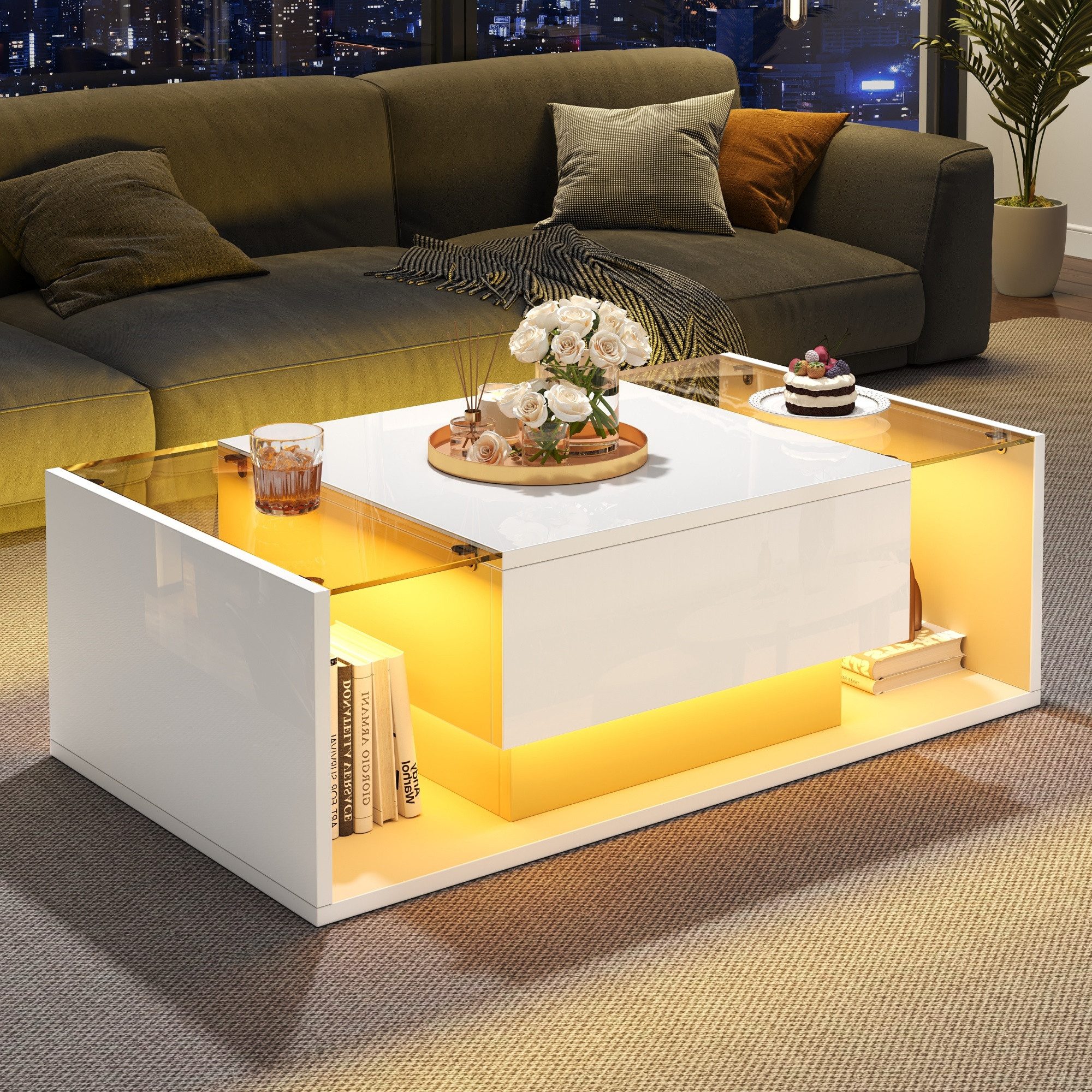 STILVORA Couchtisch mit Schublade,Wohnzimmertisch Sofatisch mit LED-Lichtleiste&Glasplatte (Satztisch, Beistelltisch, Sofatisch, 1-St., mit 1 Schublade und LED-Lichtleiste), Hochglanz-Sofatisch