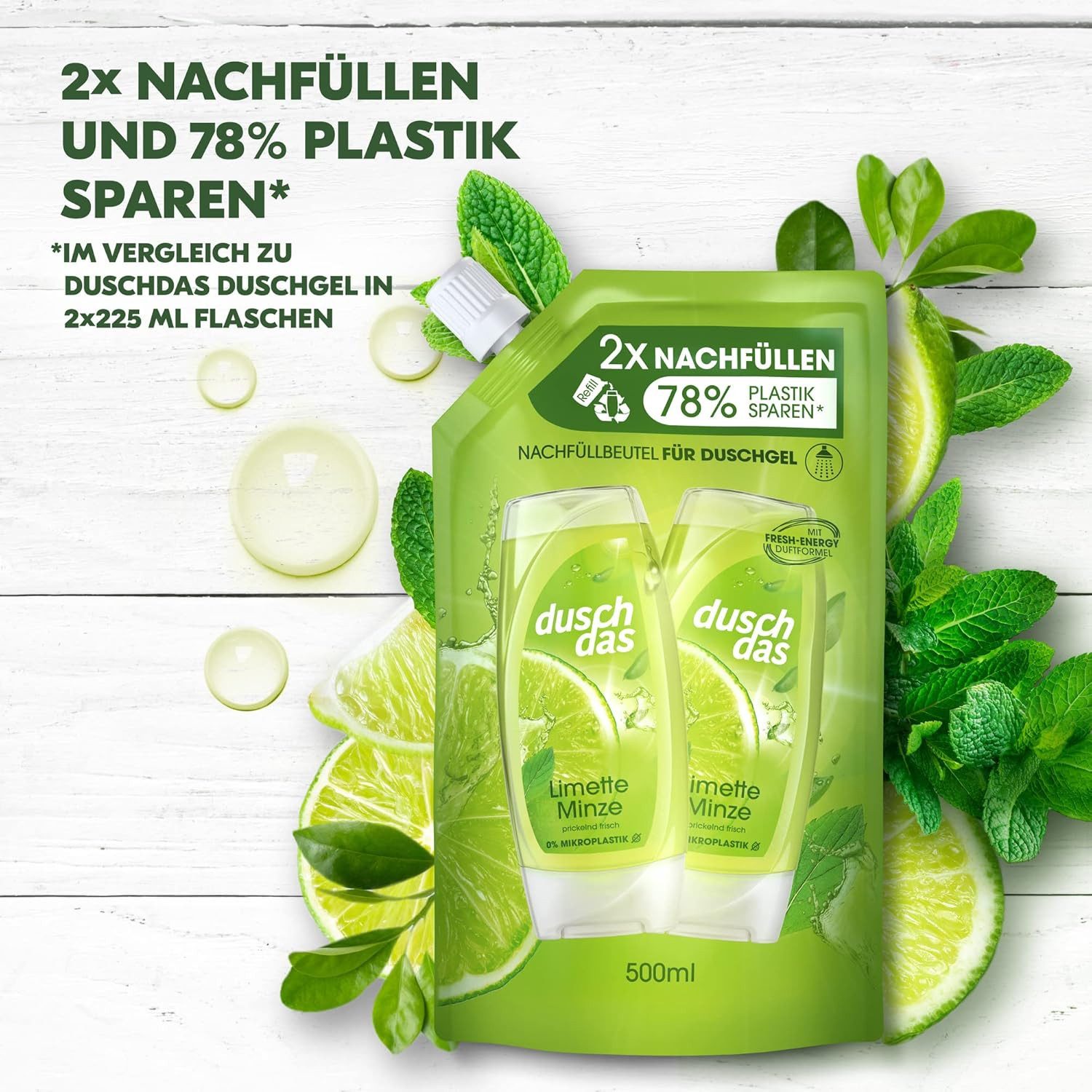 duschdas Duschgel 1x Duschgel Limette Minze Nachfüllbeutel Duschbad 500 ml, 1-tlg., Duschbad mit Fresh-Energy-Duftformel