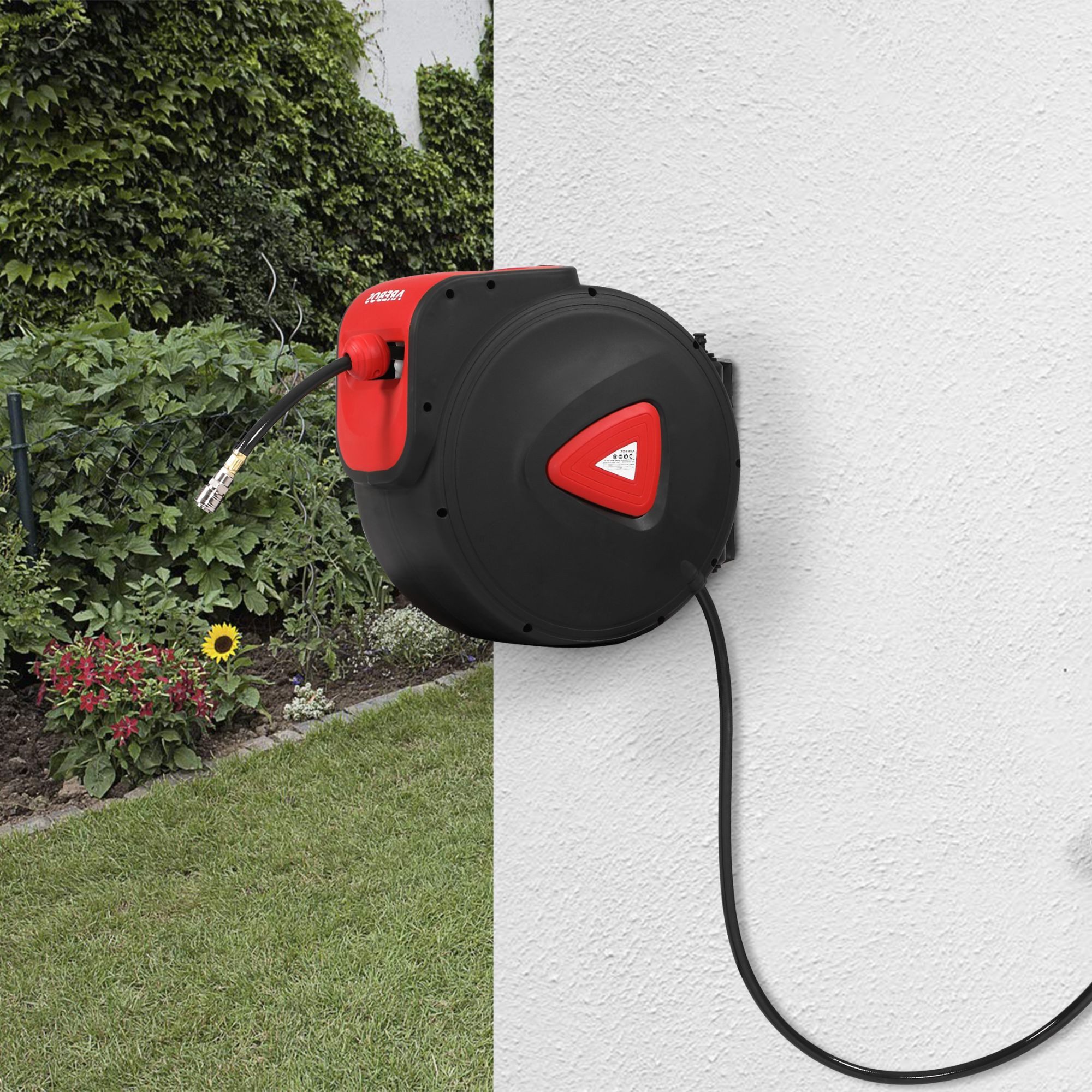 Arebos Schlauchtrommel Automatischer Druckluftschlauch-Aufroller, 180° schwenkbar, (Stück, Rot), inkl. Wandhalterung