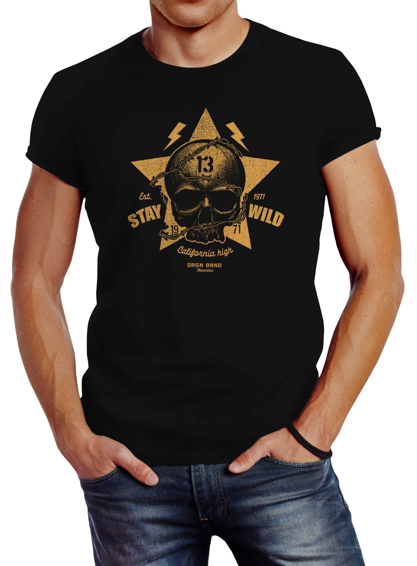 Neverless Print-Shirt Herren T-Shirt Printshirt Skull Totenkopf Motiv Stay Wild Slim Fit Neverless® mit Print schwarz