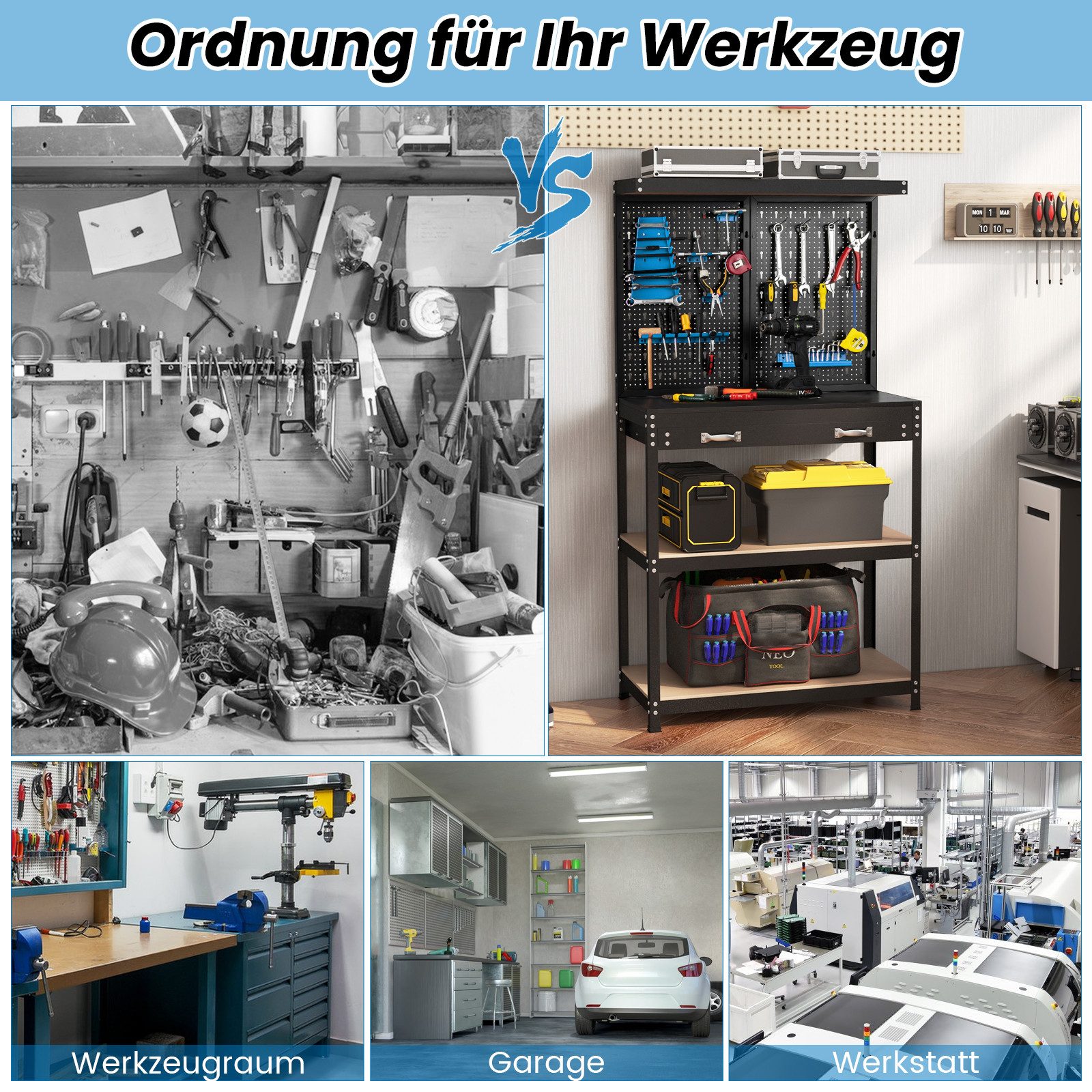 COSTWAY Arbeitstisch, mit 13 Zubehörteile, Lochwand & Schublade 81x41x155cm