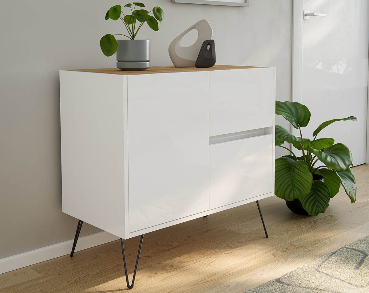 Posseik Waschtisch-Set Sideboard FAVIER 80 x 76cm, 2 Schubladen 1 Tür, weiß eiche-Top, (Sideboard, 1-St., Sideboard)