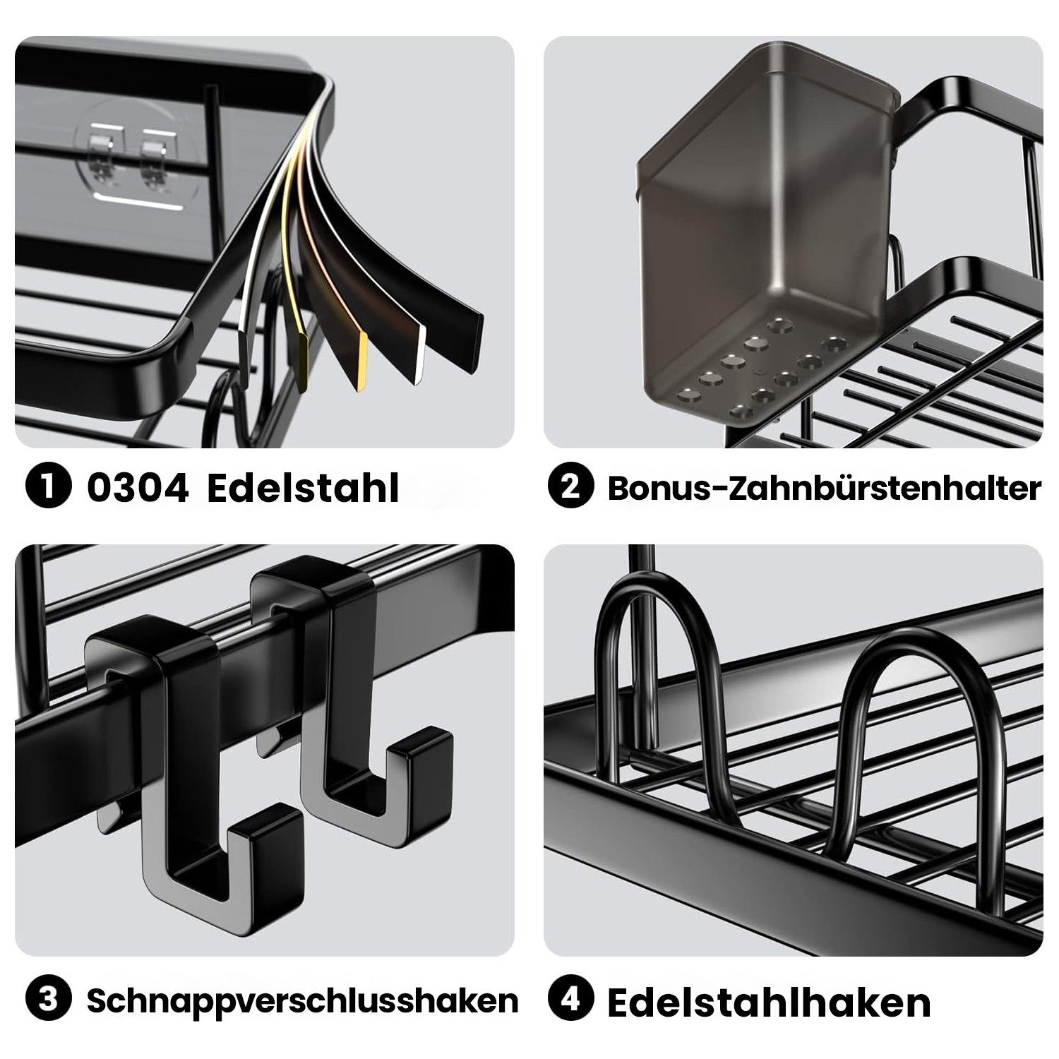 Fine Life Pro Duschablage ohne Bohren Rostfrei Schwarz Duschregal mit 4 Haken, 2-tlg., für Bad Küche Toilette,Badezimmer Regal Organizer – Bild 5 von 5