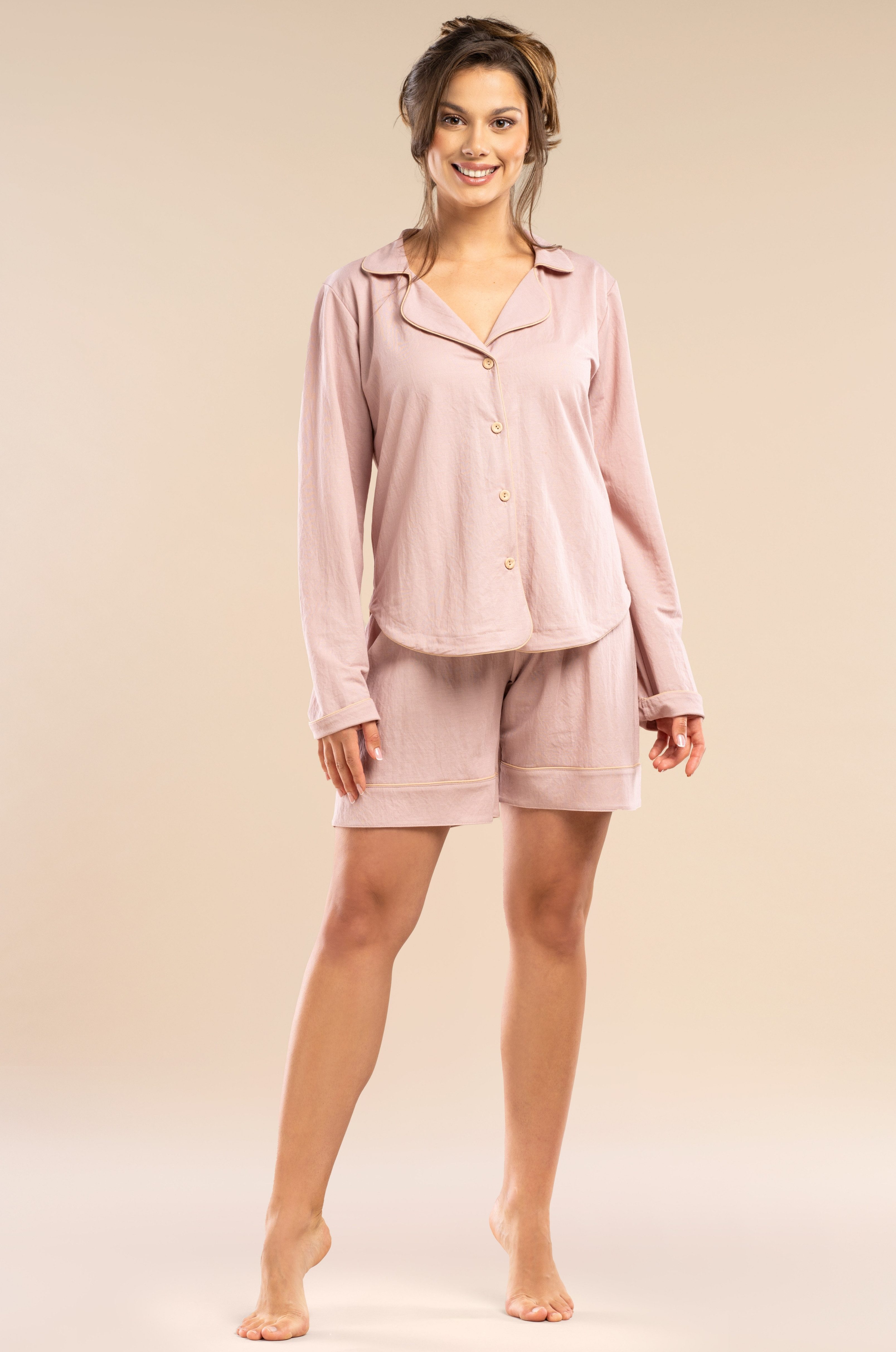 Mademoiselle Sommeil Shorty Pyjama aus EcoVero™ Viskose-Mix – Hemdbluse langarm & Shorts (2 tlg) Altrosa, paspeliert – kühlend, knitterarm, gefertigt in Polen