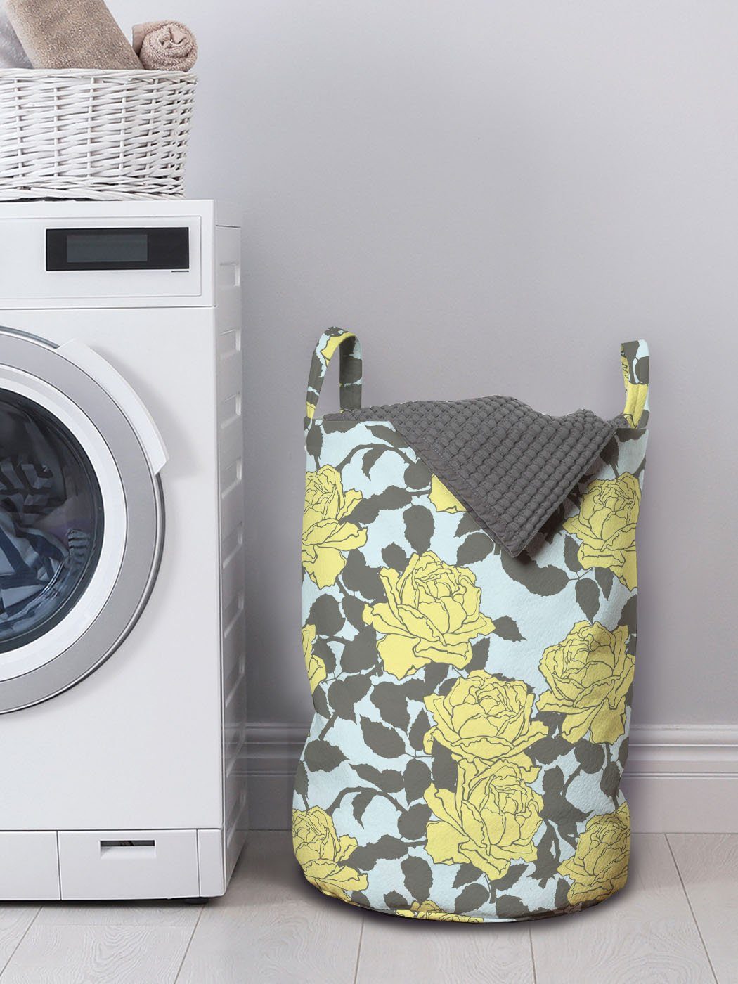 Wäschekorb Waschsalons, mit Griffen Blumen Grafische Kordelzugverschluss Romantische Wäschesäckchen Rosen Abakuhaus für