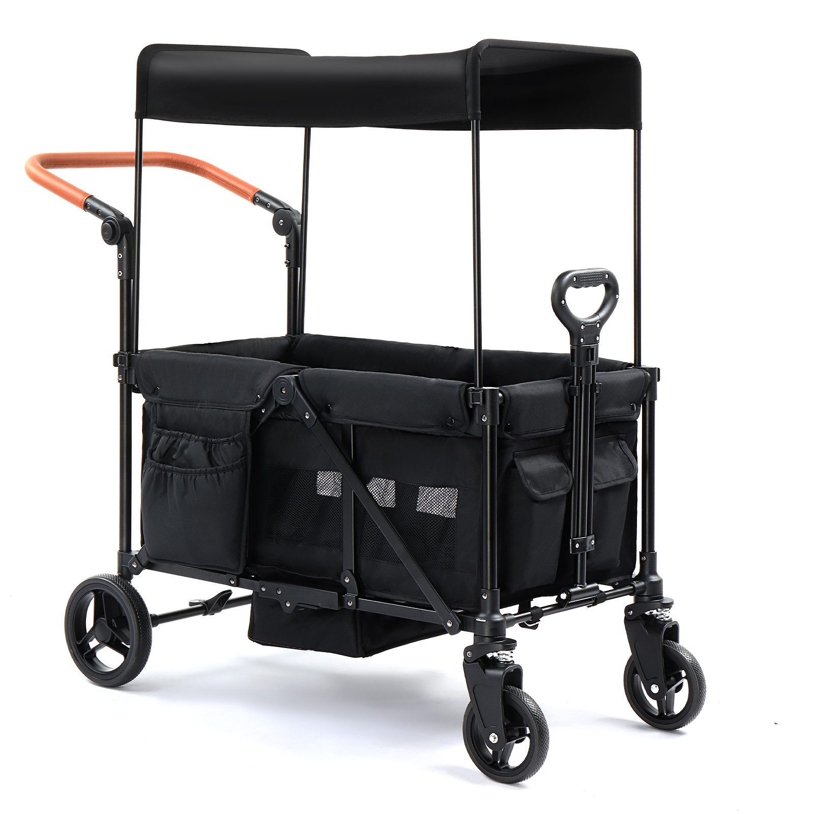 VINGLI Bollerwagen Faltbar Kinder mit Dach, Doppel-Kinderwagen 121x53x110,5 cm, All-Terrain-Räder, 5-Punkt-Gurt, abnehmbares Sonnendach UV-Schutz