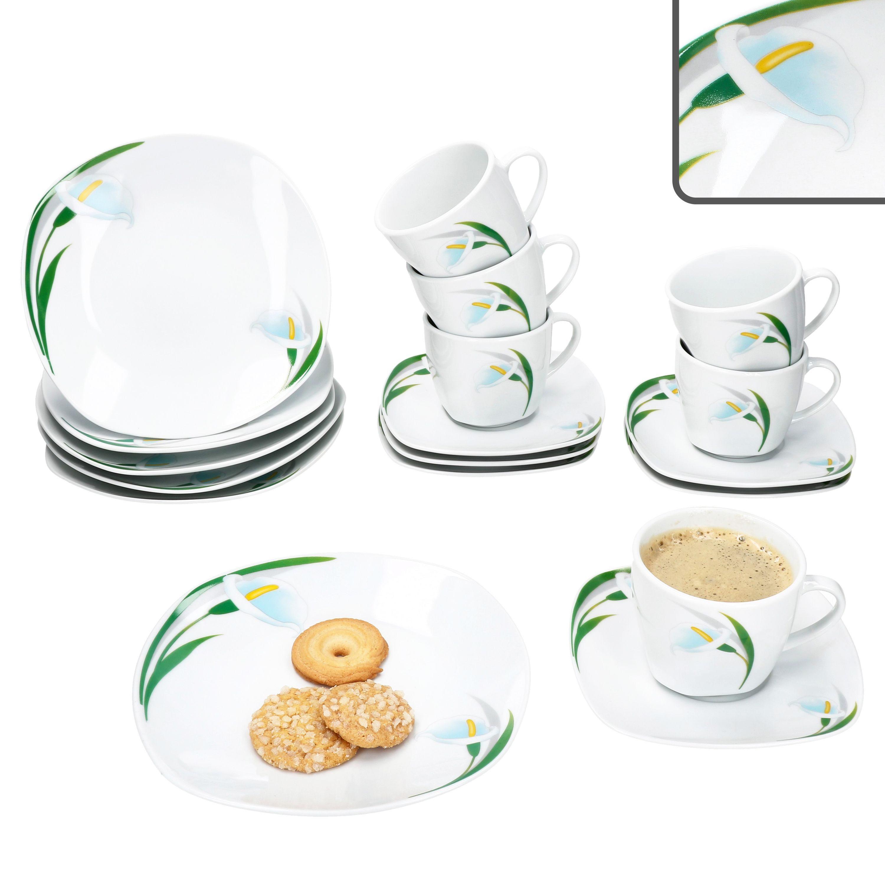 MamboCat Kaffeeservice 18tlg Kaffeeservice White Calla Porzellan 6 Pers. Tassen Untertassen, Porzellan