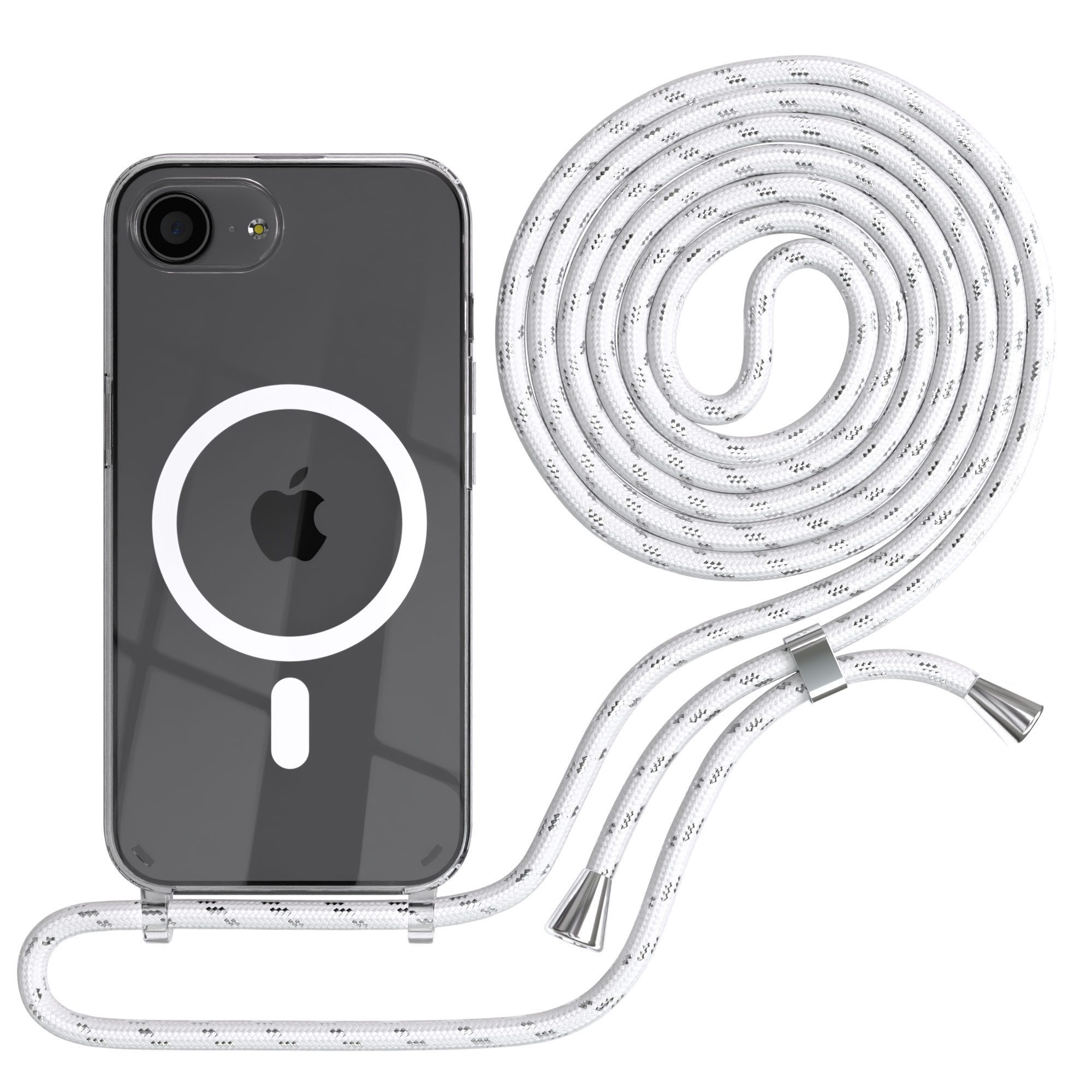 EAZY CASE Handykette mit Magsafe Hülle für Apple iPhone 16e 6,1 Zoll, Handykordel Qi-Case Slimcover mit Umhängeband zum Umhängen Weiß Silber