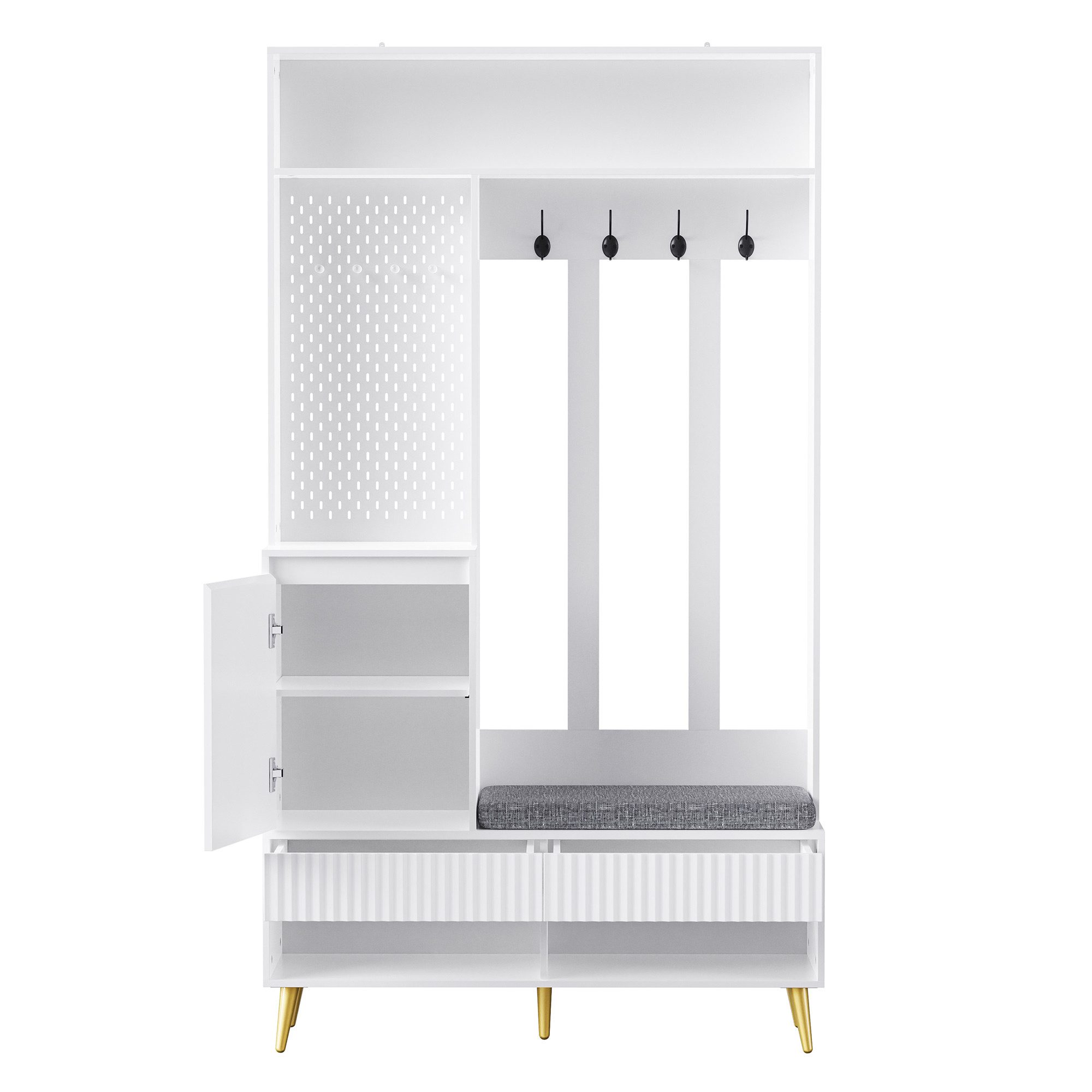 MODFU Garderoben-Set für Ihren Eingangsbereich, (Garderoben-Set mit Schuhbank und 4 Kleiderhaken, 2 Schubladen, Aufbewahrungsschrank,Komplettes Flur-Set., 1-St., mit 4 Kleiderhaken, zwei Schubladen und 1 Türen), mit 4 Kleiderhaken, zwei Schubladen und 1 Türen
