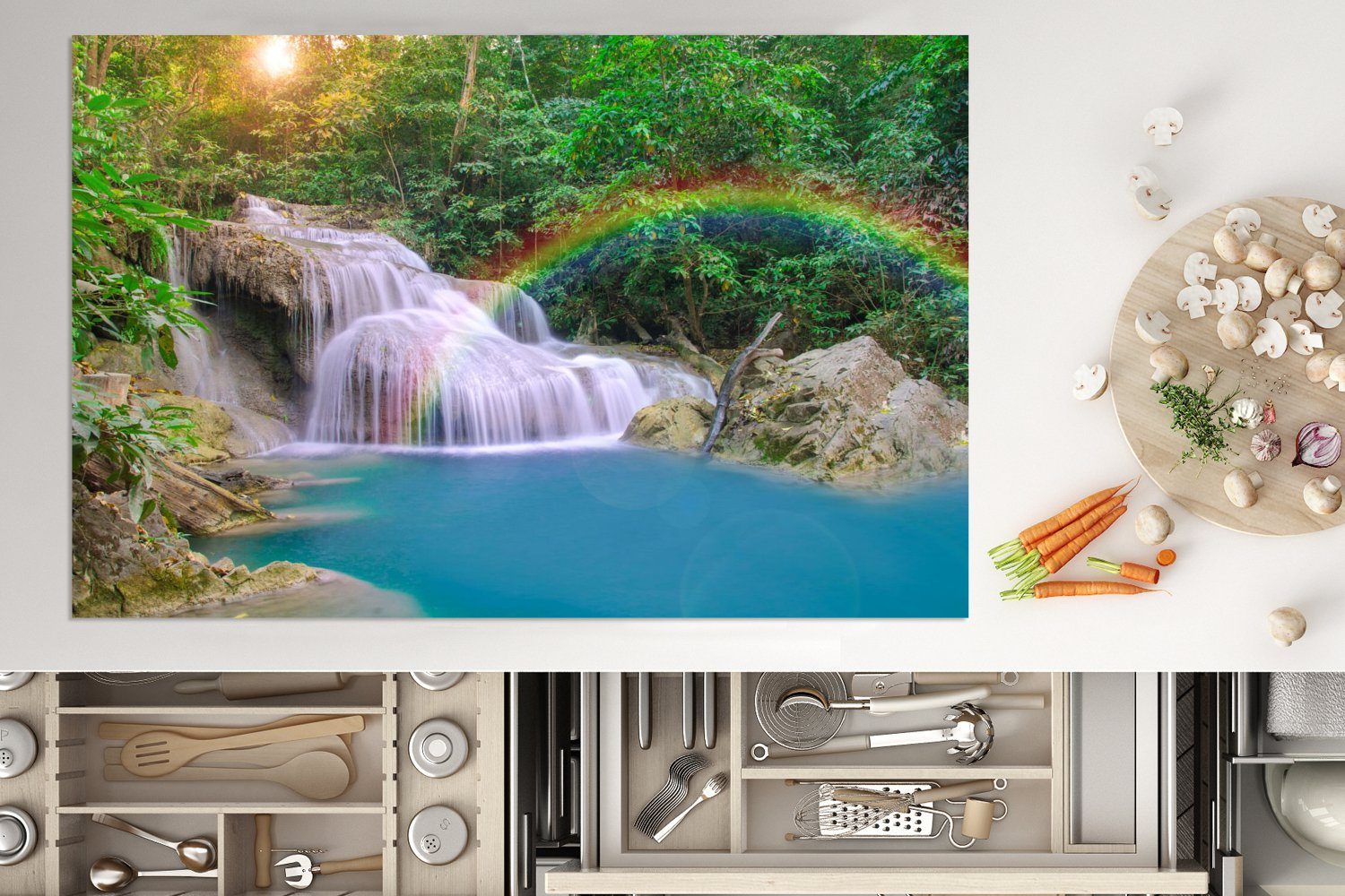 - für küche, - tlg), Natur, 80x52 - Wasserfall Regenbogen Sonne Vinyl, die Schutz Herdblende-/Abdeckplatte cm, (1 Ceranfeldabdeckung Induktionskochfeld MuchoWow