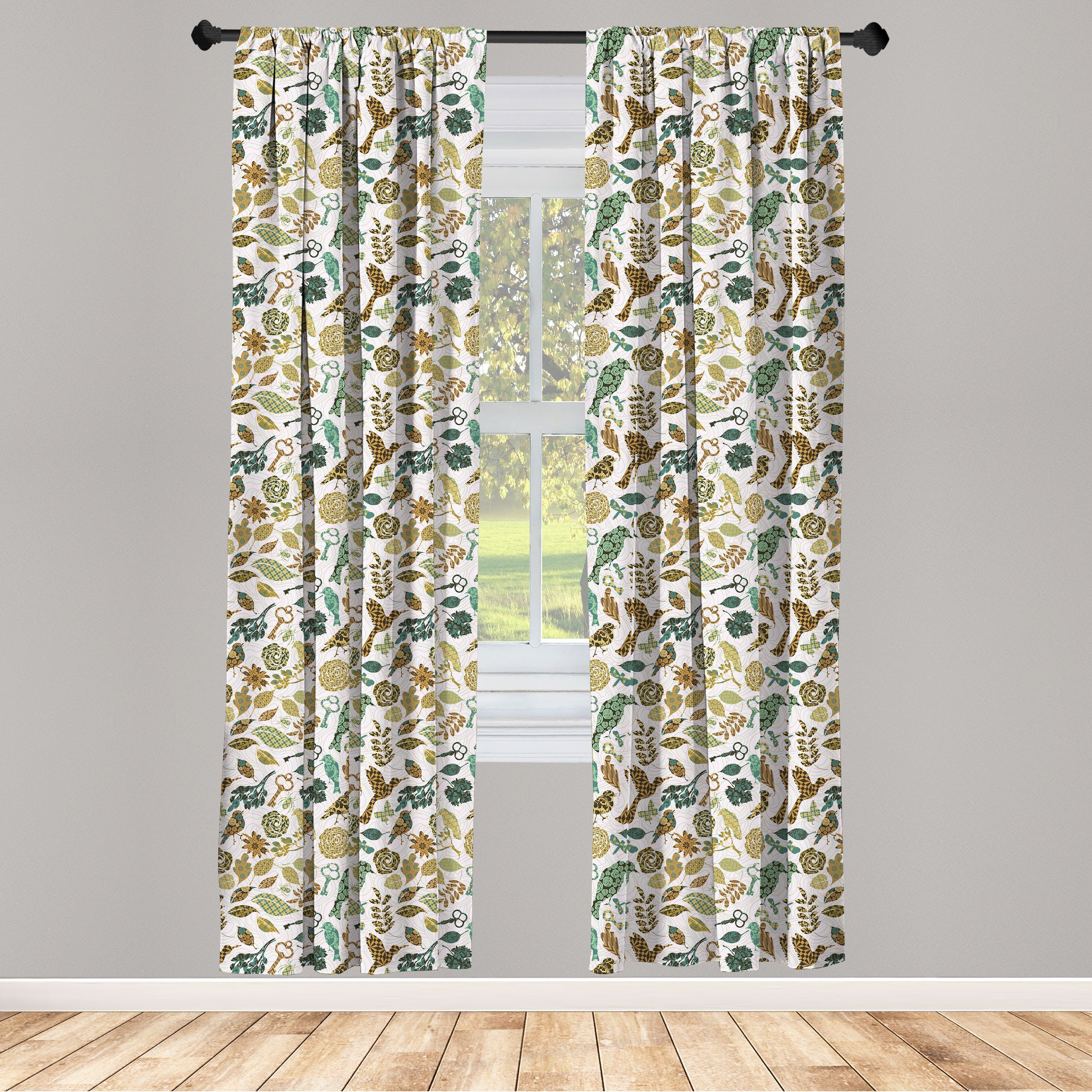 Gardine Vorhang für Wohnzimmer Microfaser, Dekor, Blätter und Vögel Abakuhaus, Schlafzimmer Libellen