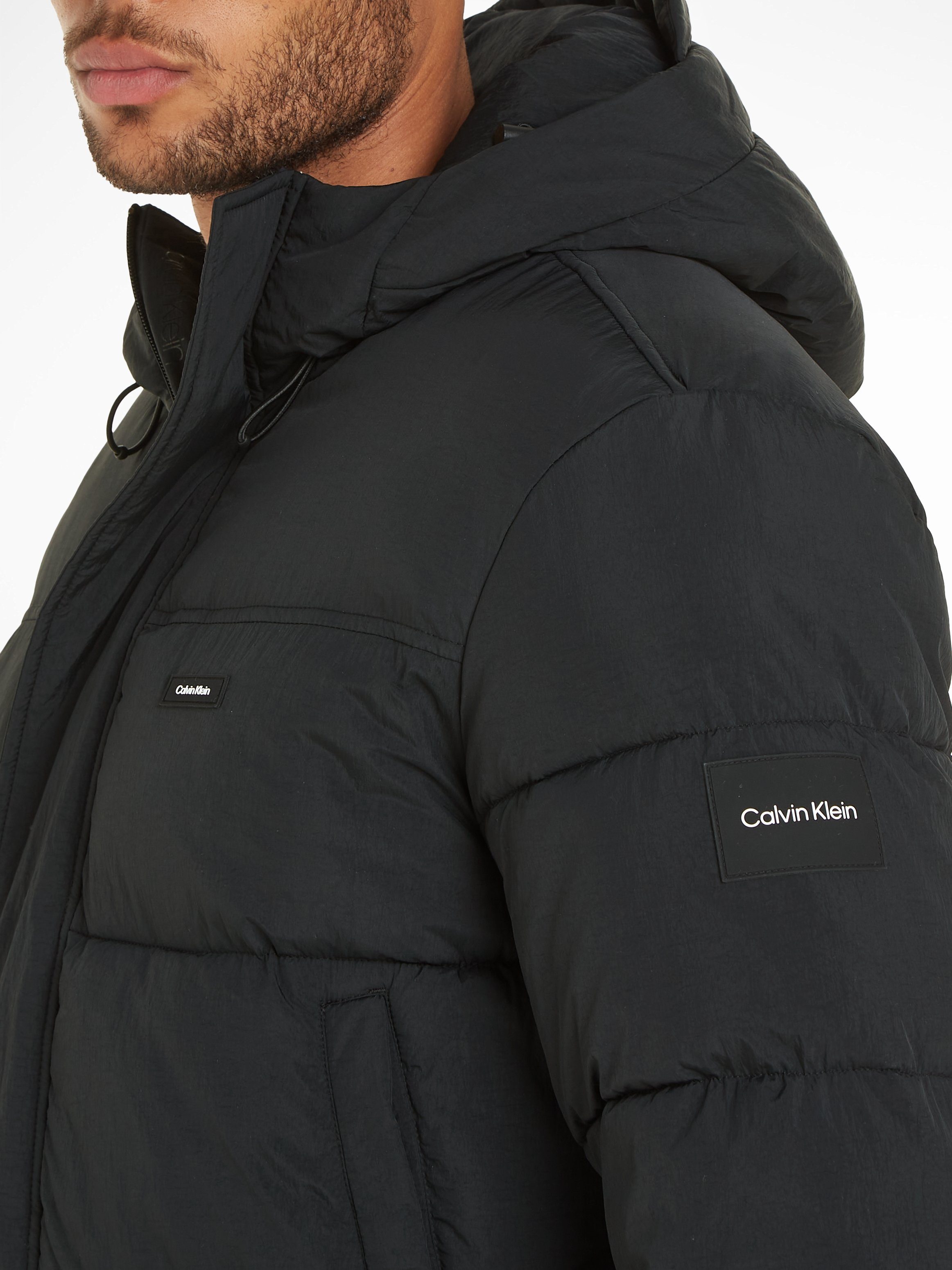 PUFFER Black Steppjacke LONGLENGTH Klein Calvin NYLON Ck Markenlabel CRINKLE mit