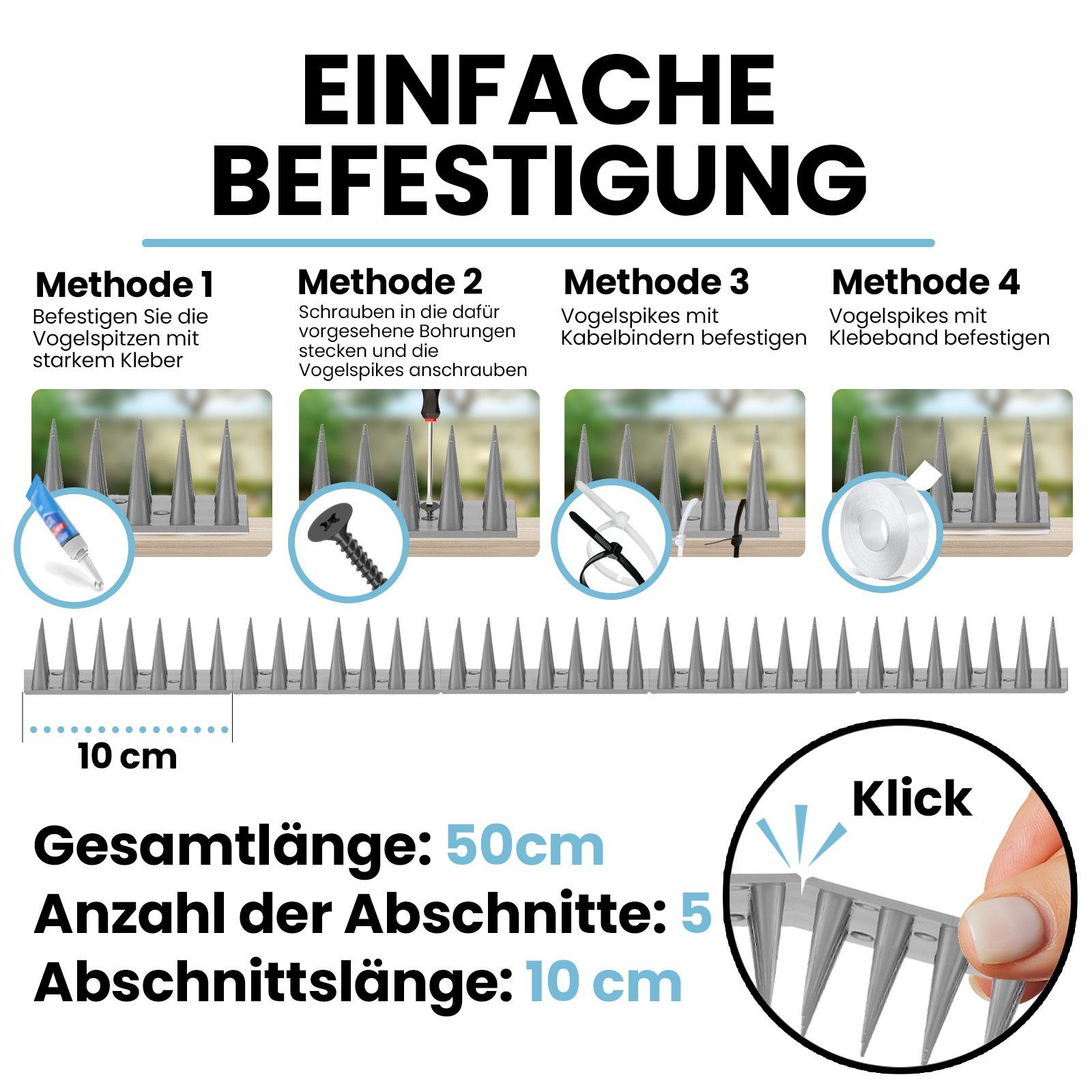 KONZEPT Taubenspikes Taubenabwehr Spikes Vogel, Katzen - für Balkon, Zaun - aus Kunststoff, 6-St., Gesamtlänge: 3 Meter, UV-beständig – Bild 5 von 5