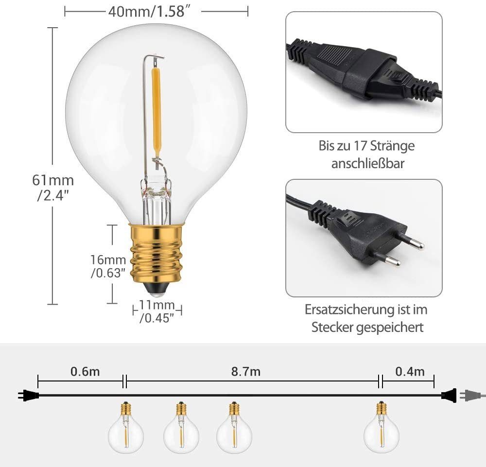 GlobaLink Lichterkette Außen G40 12,2M 30Glühbirne Warmweiß IP65 Lichterkette