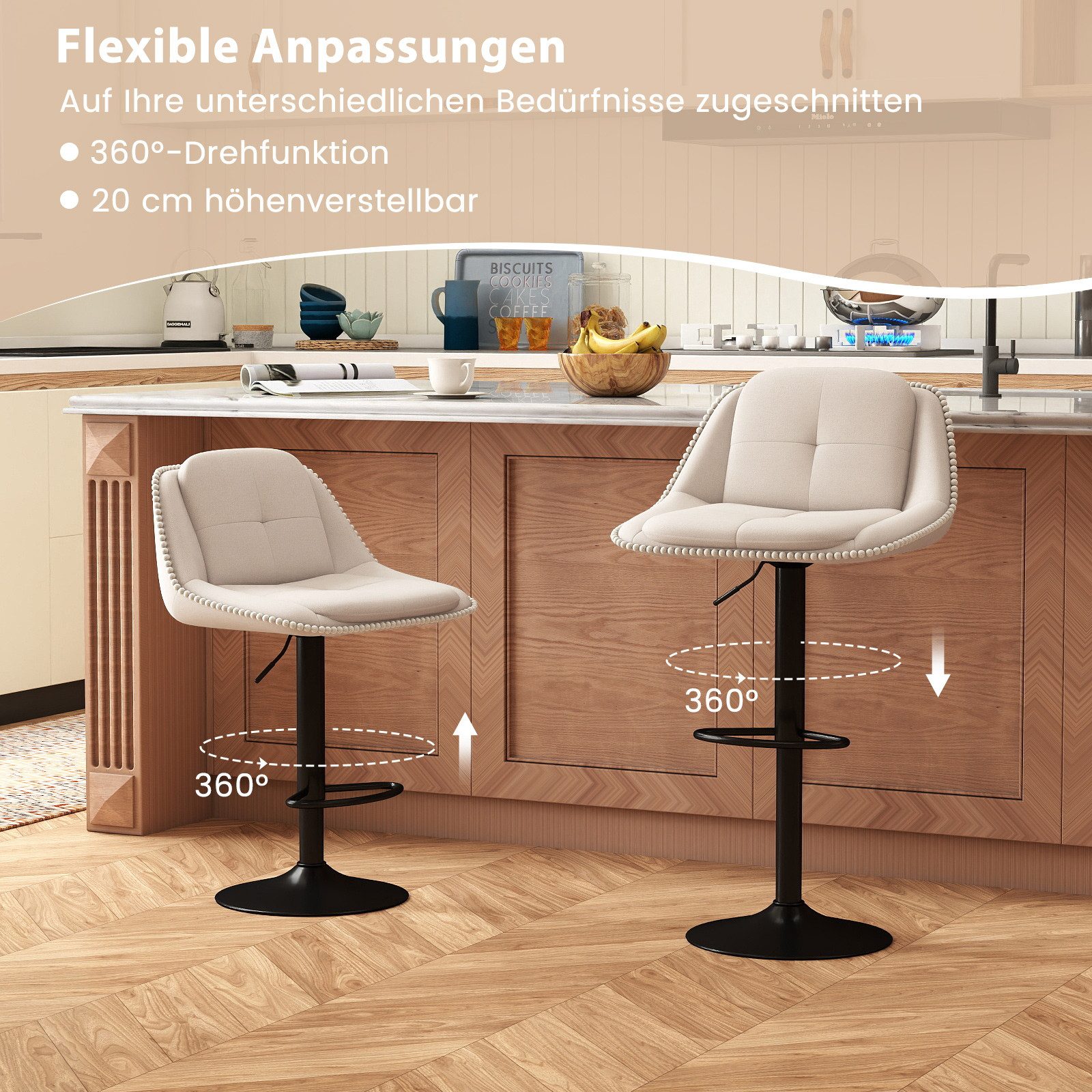 COSTWAY Barhocker (2er Set), Drehstuhl höhenverstellbar, gepolstert mit Rückenlehne
