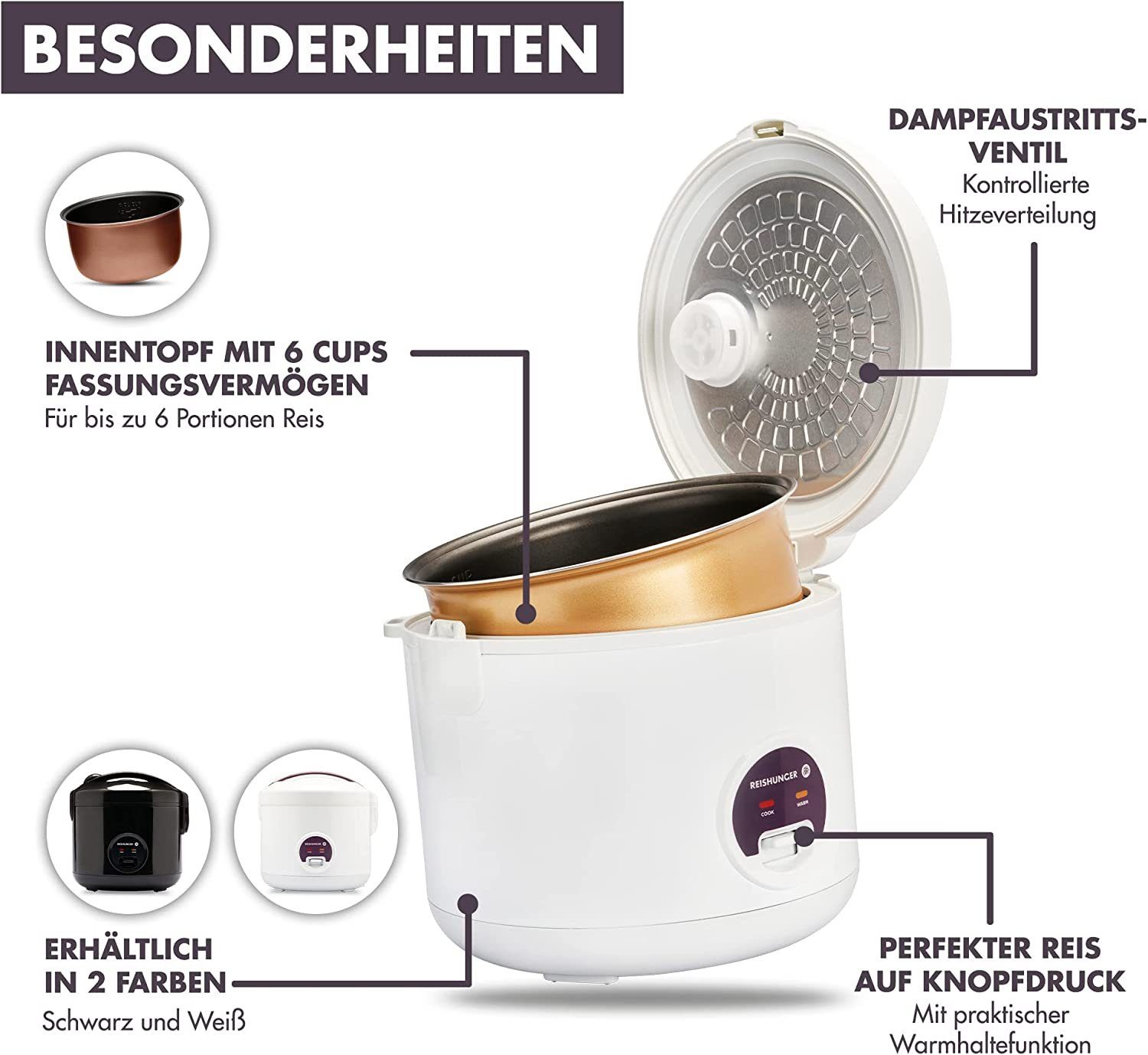 Reishunger Reiskocher - Reiskocher, 500 W, Mit Dampfgarfunktion & Warmhaltefunktion