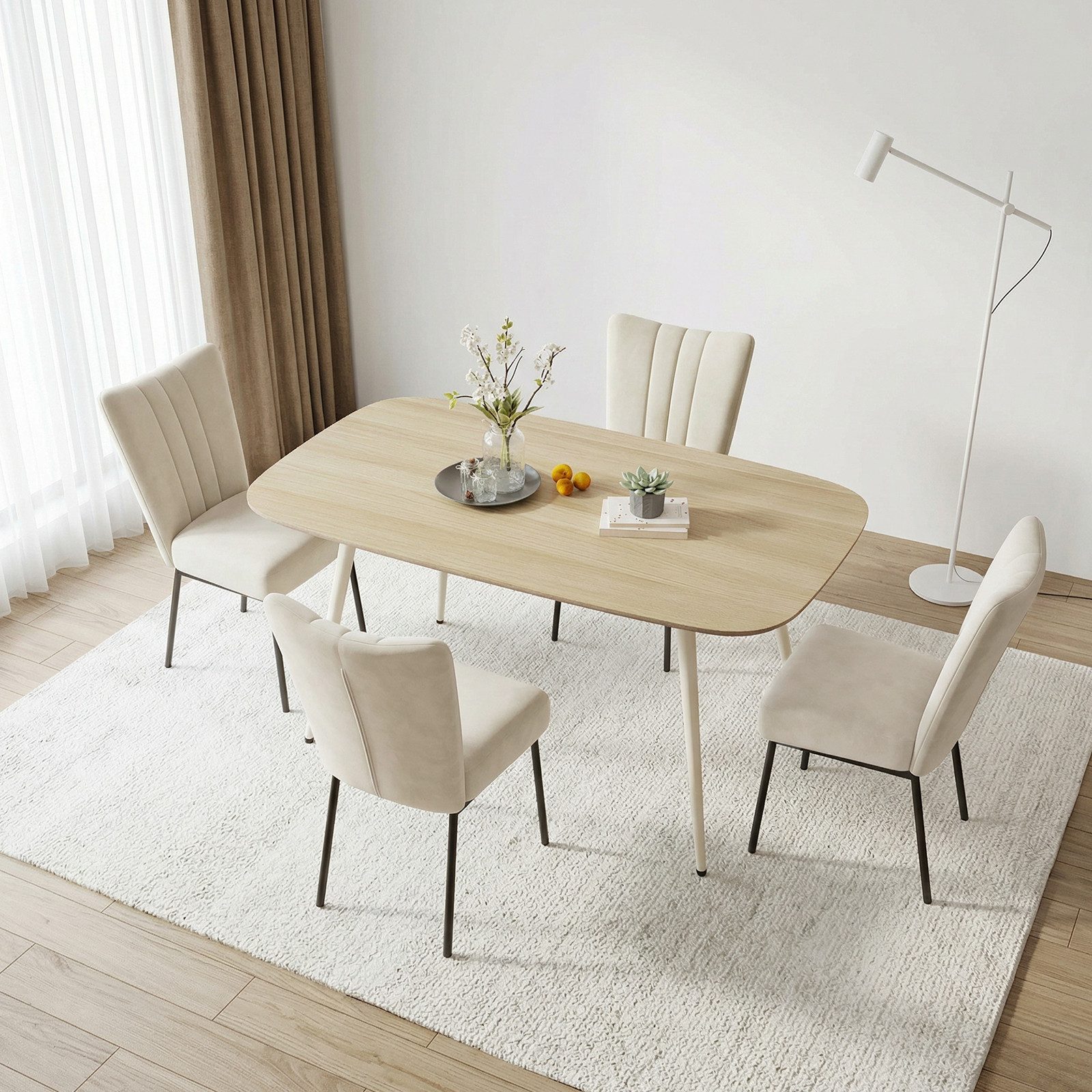 Jiexi Essgruppe Esstisch Set 5-teilig 120x69 MDF Eichenoptik Kombi mit Samt Stühlen – Bild 2 von 5
