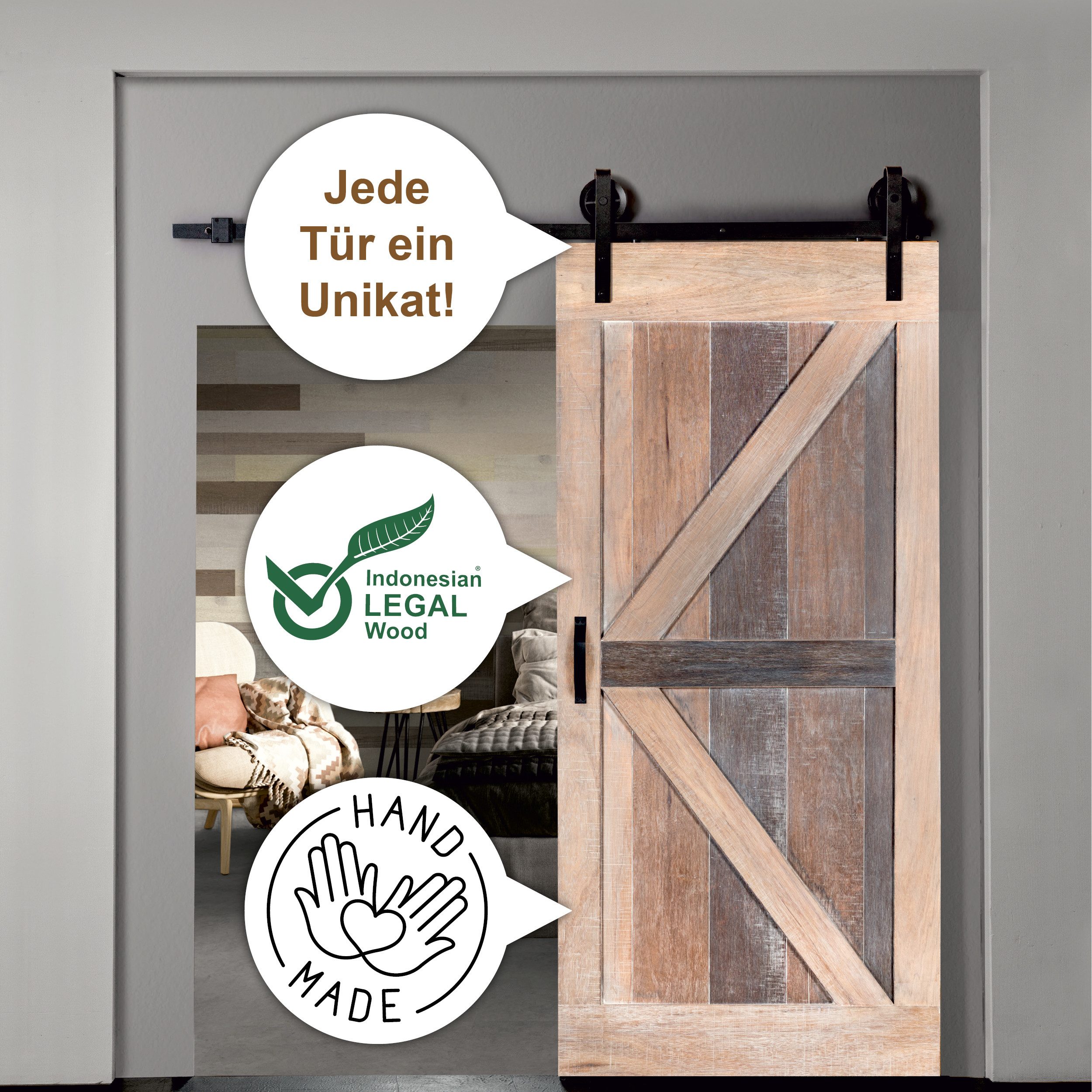 Thumbnail - INDO Schiebetür Premium Holzschiebetür Scheunentor, 100x215 cm, leicht zu installieren (Versandkostenfreie Lieferung), h...