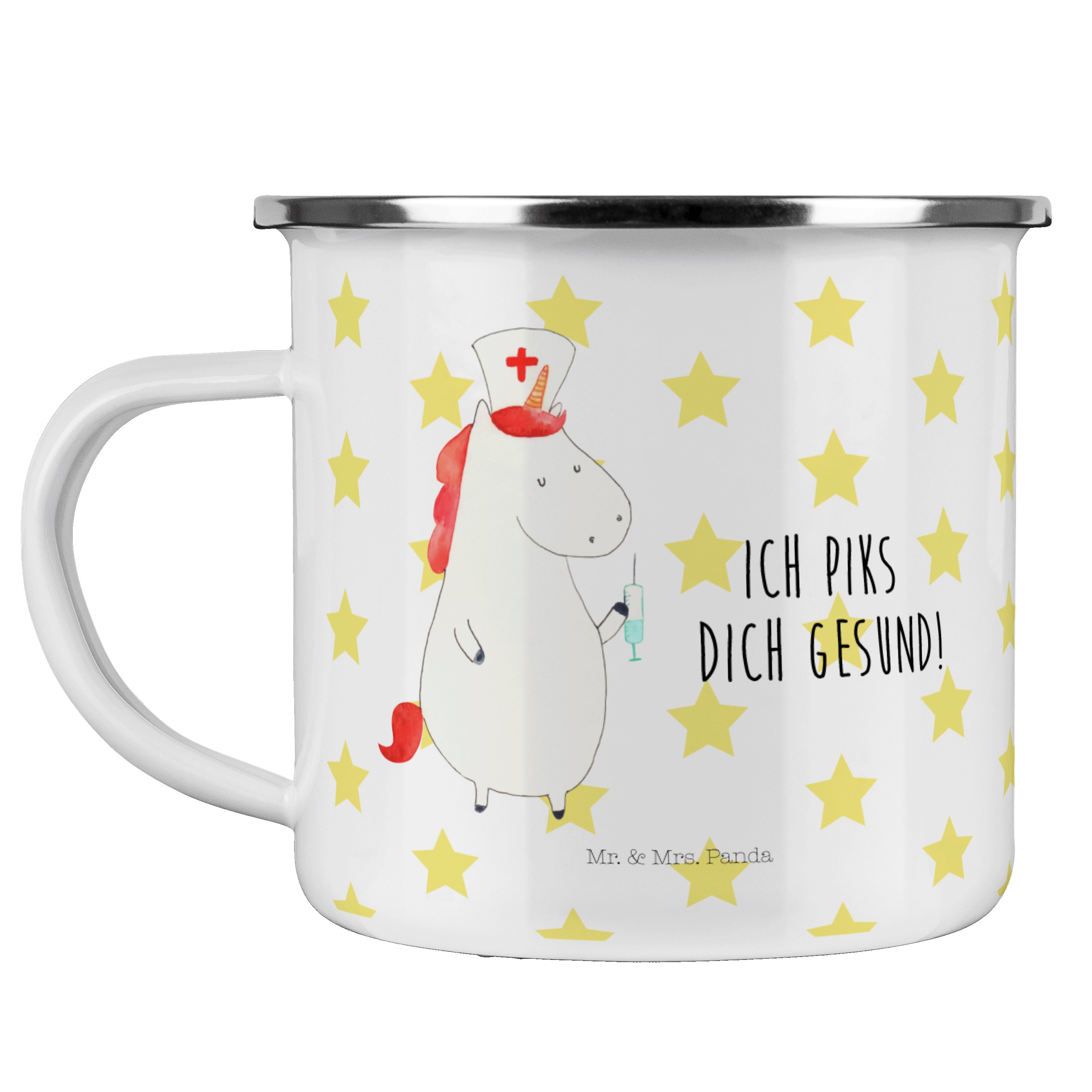 Mr. & Mrs. Panda Becher Geschenk, Weiß - O, - Einhorn Krankenhaus, Krankenschwester Blechtasse Emaille