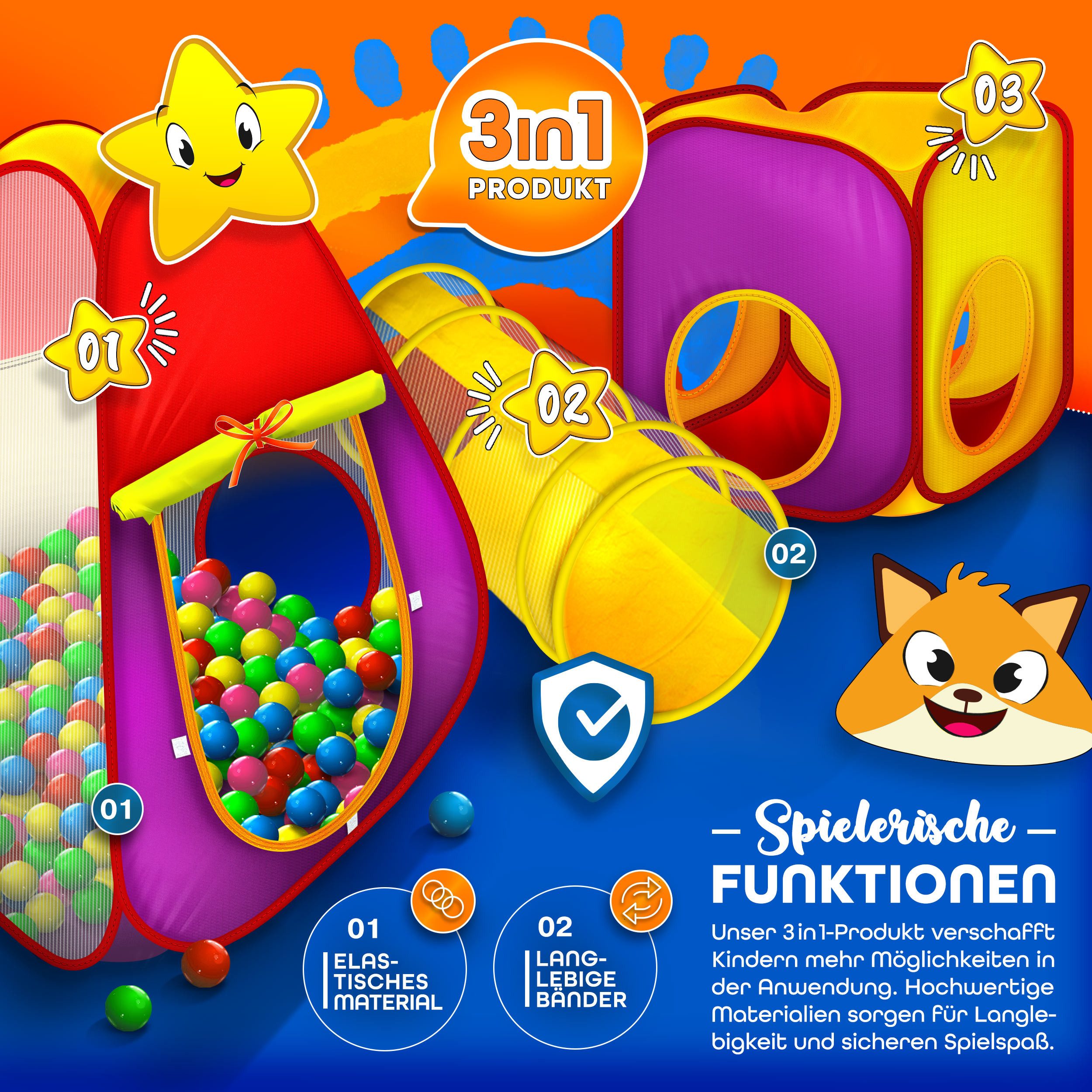 KIDUKU Spielzelt 3-teiliges Bällebad Babyzelt + Krabbeltunnel + 200 Bälle + Tasche Kinderspielzelt für drinnen und draußen