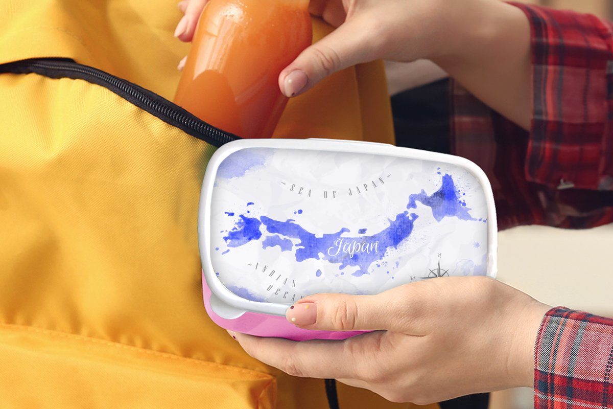 Kunststoff - Snackbox, MuchoWow Kunststoff, Brotdose - Aquarell für rosa Lunchbox Kinder, Mädchen, (2-tlg), Weltkarte Brotbox Erwachsene, Blau,