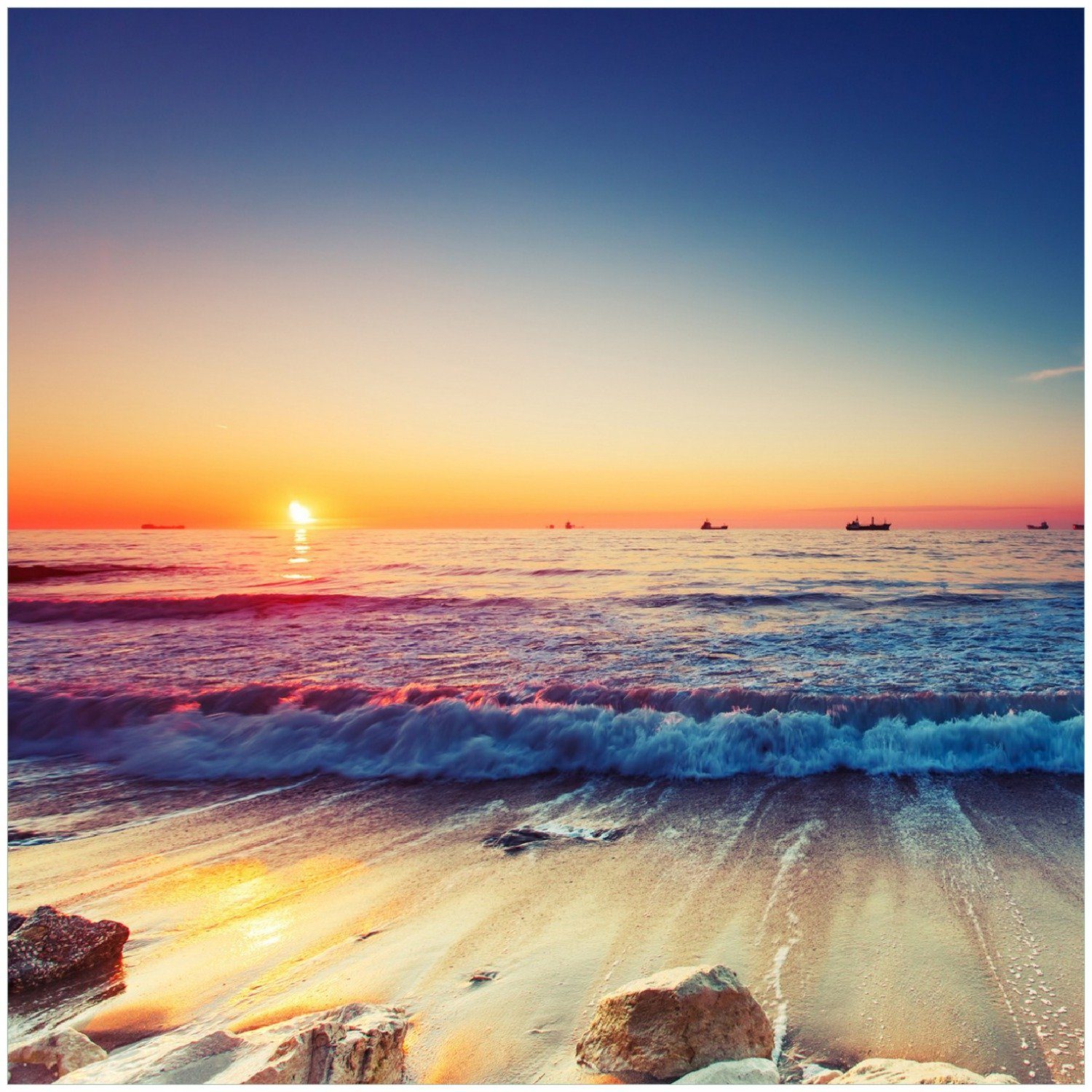 Wallario Memoboard Sonnenuntergang am Meer mit Wellen am Strand