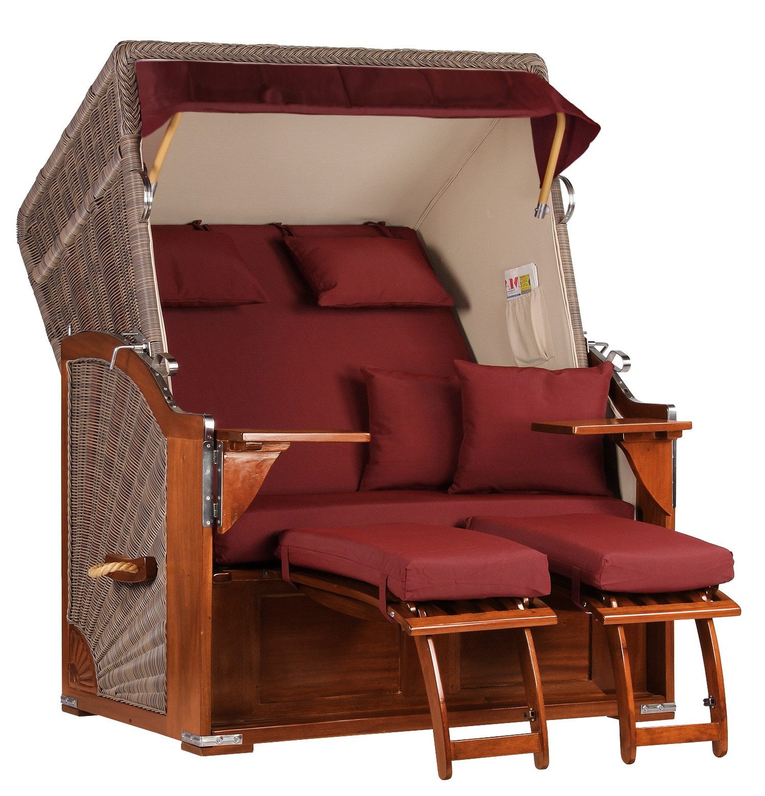 MR.DEKO Strandkorb 2-Sitzer Seeblick Vollholz PE Grey Volllieger, BxTxH: 125x80x170 cm, Volllieger, Seeblick, (Zweisitzer als Volllieger für Balkon und Garten), der Strandkorb mit einhängbaren Fußablagen, wetterfest