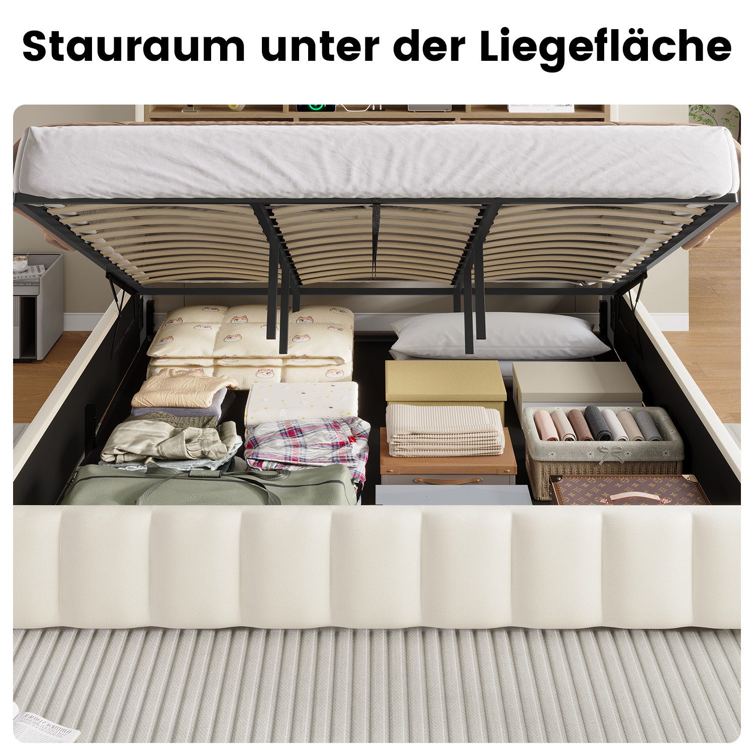 KIMENICH Polsterbett mit LED Beleuchtung und Ladefunktion (1-tlg., Ohne Matratze), Jugendbett Hydraulisches Stauraumbett, 180x200 cm – Bild 5 von 5