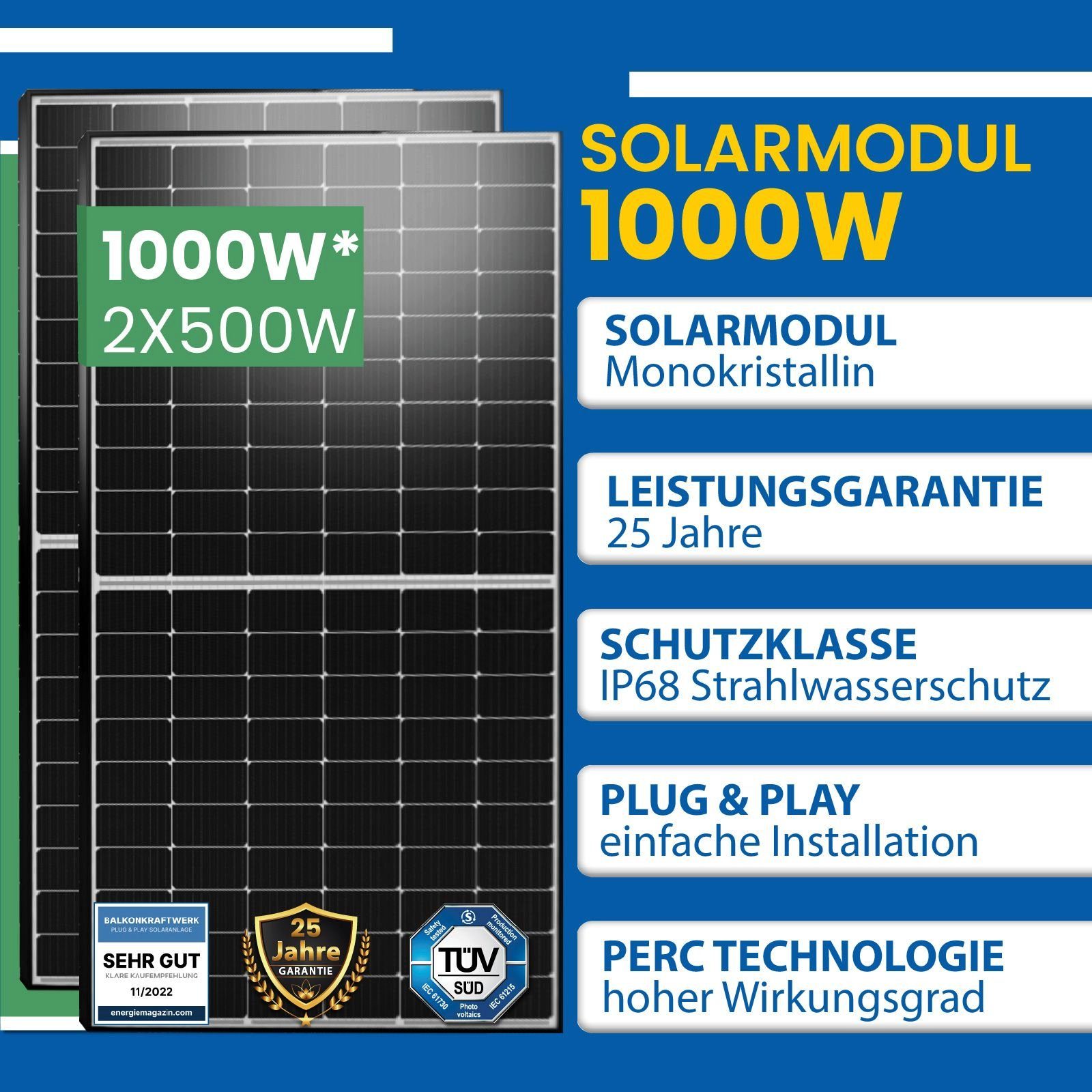 Light(Groß) Premium Solaranlage Balkonkraftwerk Neu Aufständerung Relais WIFI Wechselrichter EPP.Solar Süd mit Generation Deye 800W 1000W PV-Montage,