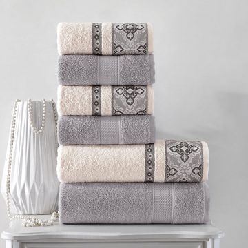 CLASS HOME COLLECTION Handtuch Set 6 TLG Frottee Set Handtuch Duschtuch 100% Baumwolle Jacquard Bordüre, 100% Baumwolle, (Set, 6-tlg), Dekorative Bördüre