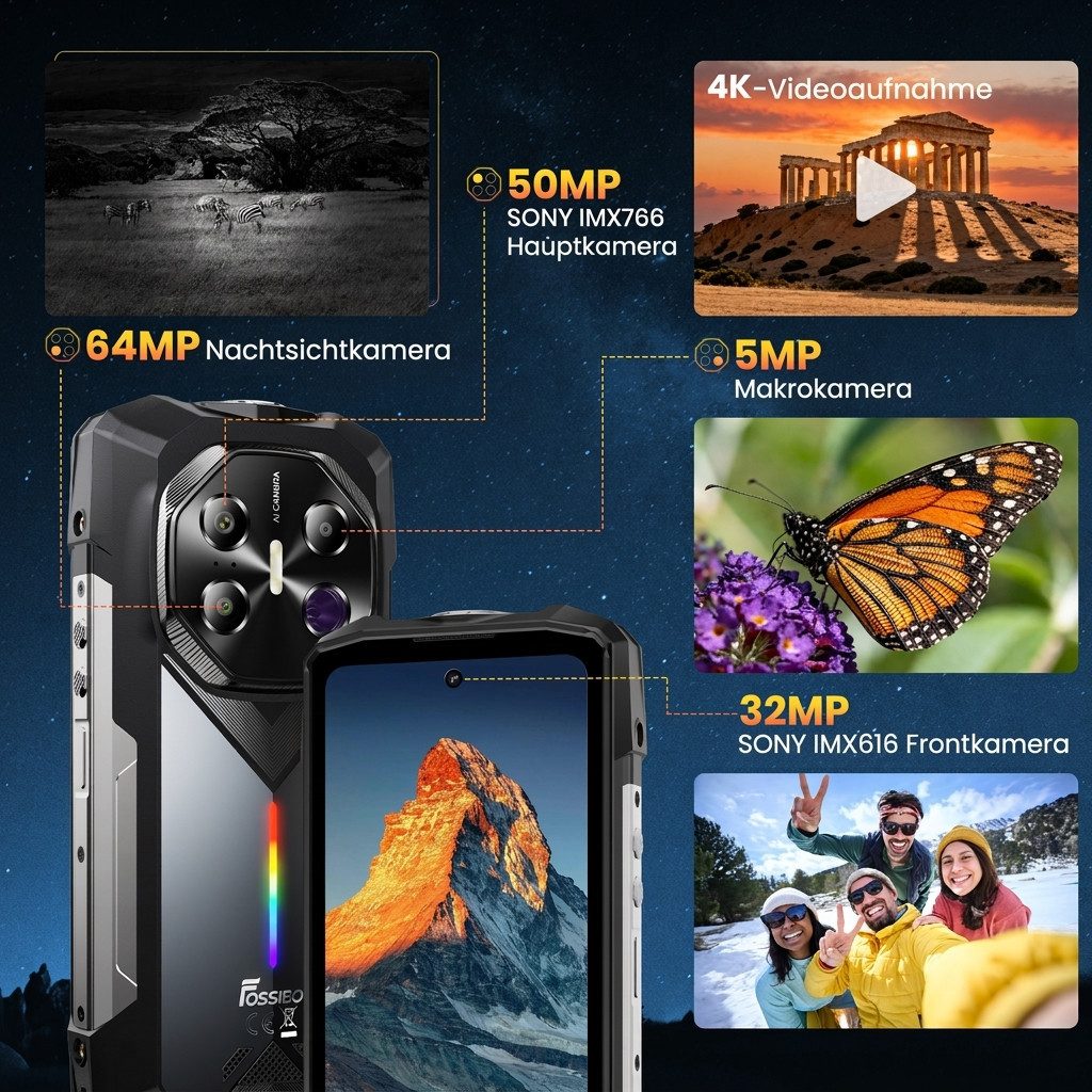 Fossibot F113 Outdoor Handy Dimensity 7050 5G, FHD+ 120Hz, 20000mAh Smartphone (6.78 Zoll, 256 GB Speicherplatz, 50 MP Kamera, 12GB+256GB, Android 15 NFC, Sony  – Bild 5 von 5