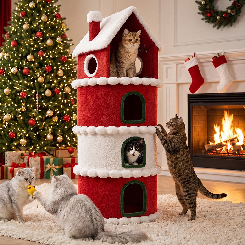 COMHOMA Kratzbaum 135 cm hoch, Weihnachtsbaum-Design, mehrstöckiger Katzenbaum, Katzenhaus mit Kratzsäulen Spielball stabiler Kletterbaum