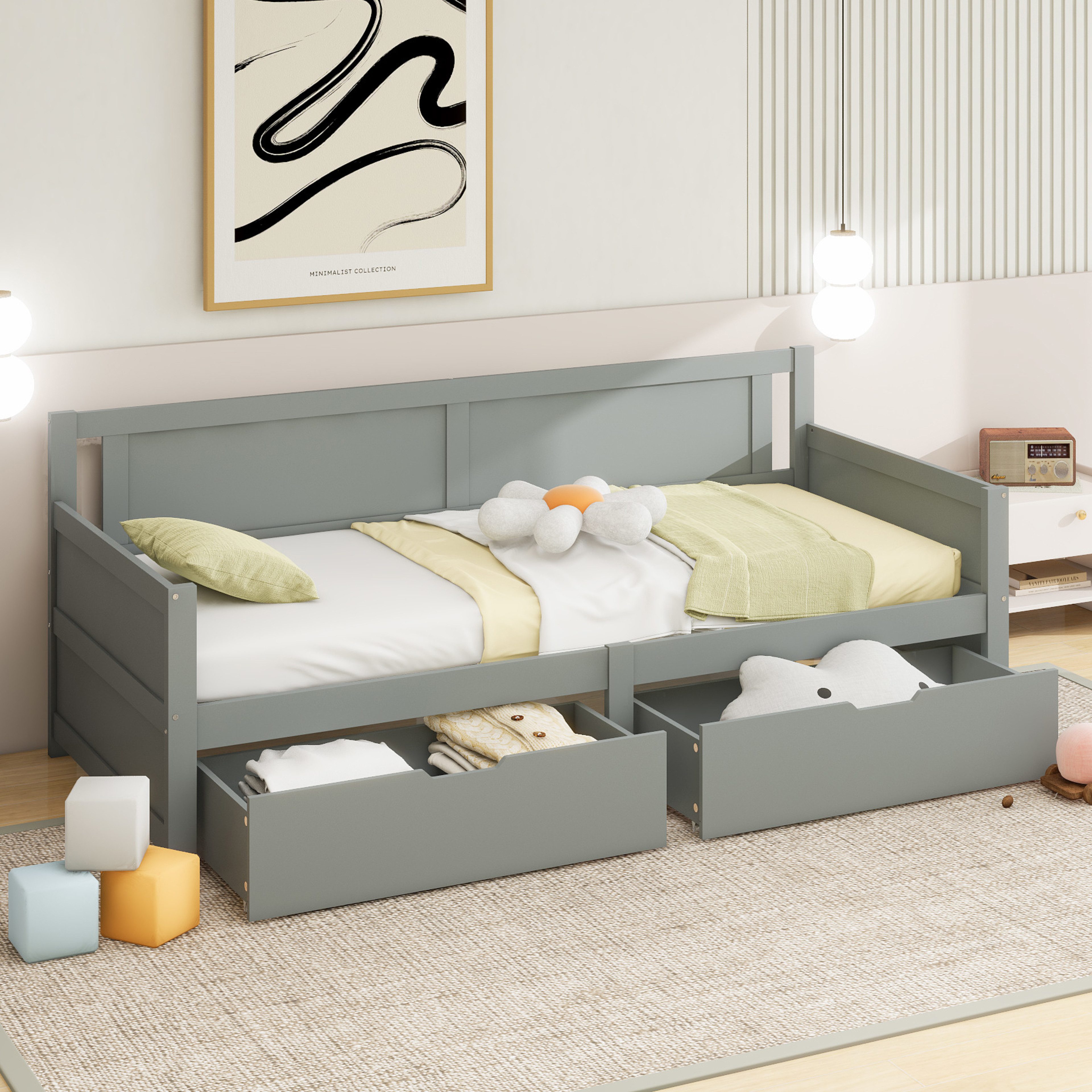 STILVORA Bettgestell 90×200 Schlafsofa Tagesbett mit stauraum,Jugendbett ohne Matratze (mit zwei Ablagefächern Massivholzbett, Jugendbett, 90x200 cm), ohne Matratze