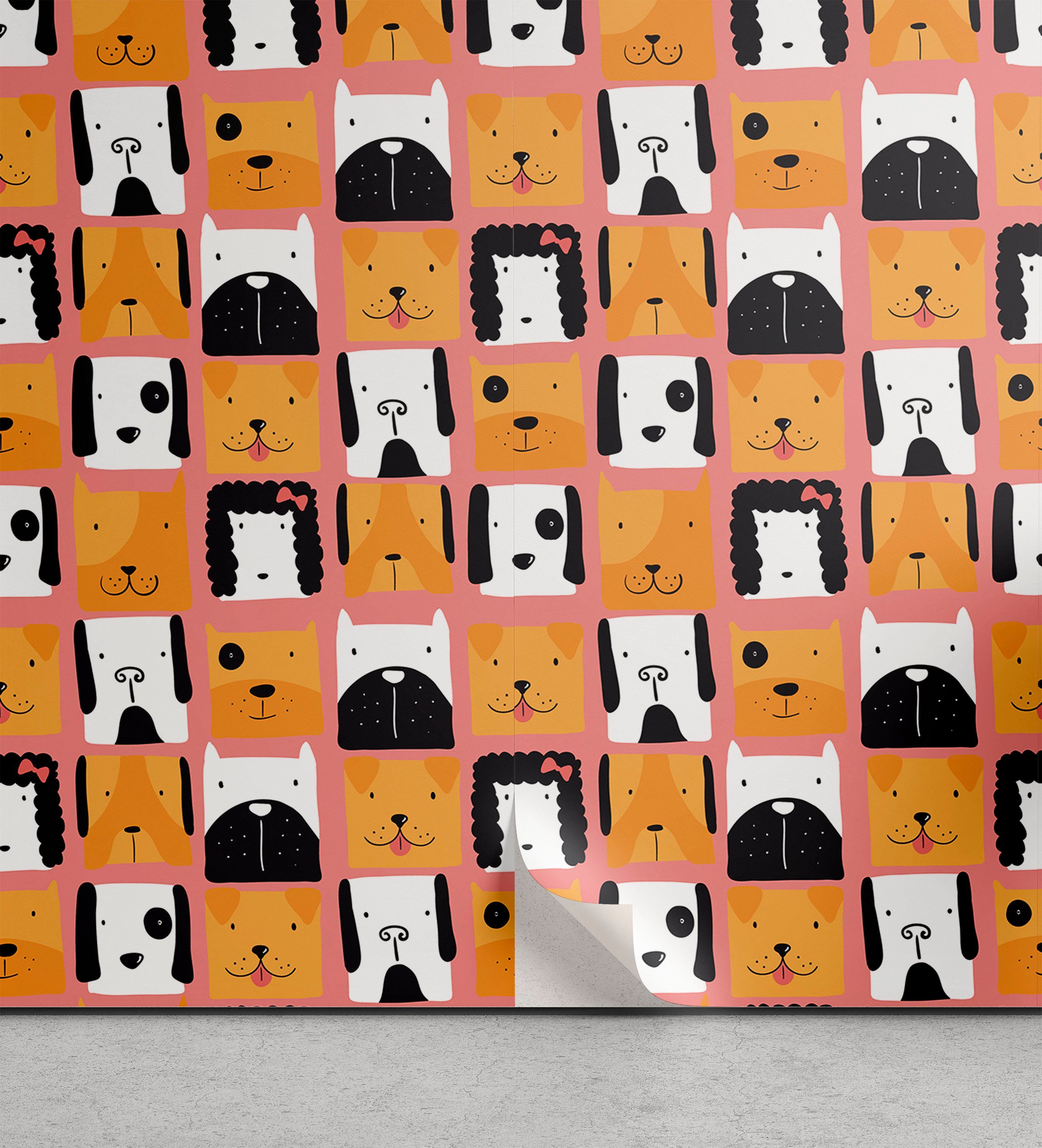 Abakuhaus Vinyltapete selbstklebendes Wohnzimmer Küchenakzent, Hund Quadratische Form lustige Welpen-Heads