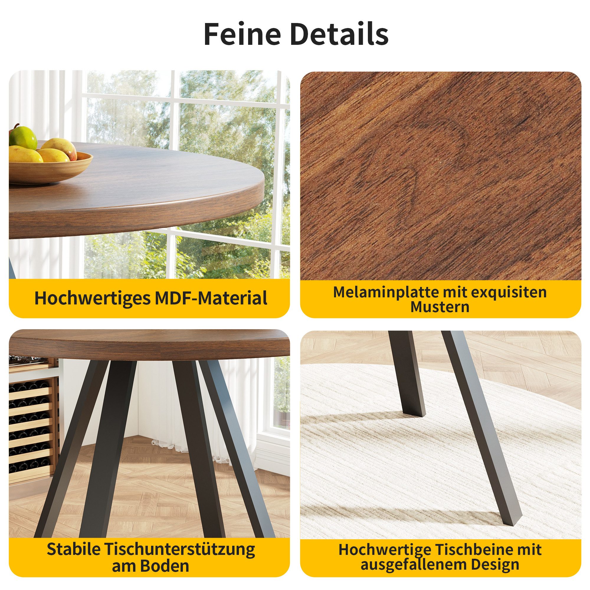 TavilaEcon Esstisch Runder Walnussfarben Esszimmertisch, metallische schwarze Beine