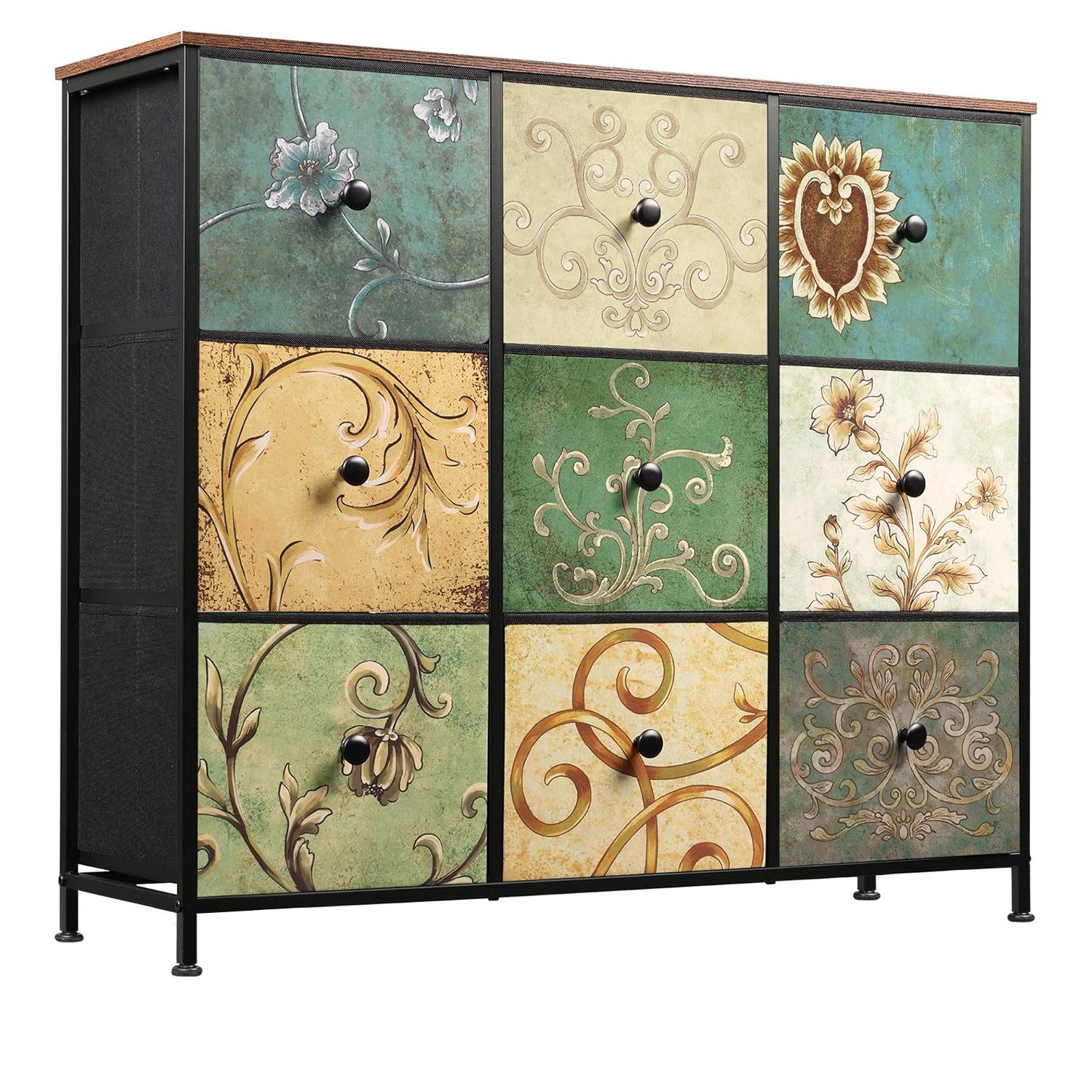 Furnishings Home Schubkastenkommode Sideboard Kommode Nachttisch Moderne (1 tlg. 100 x 30 x 86.5 cm (BxTxH), 9 Schubladen, Retro-Stil, Blumenstoff