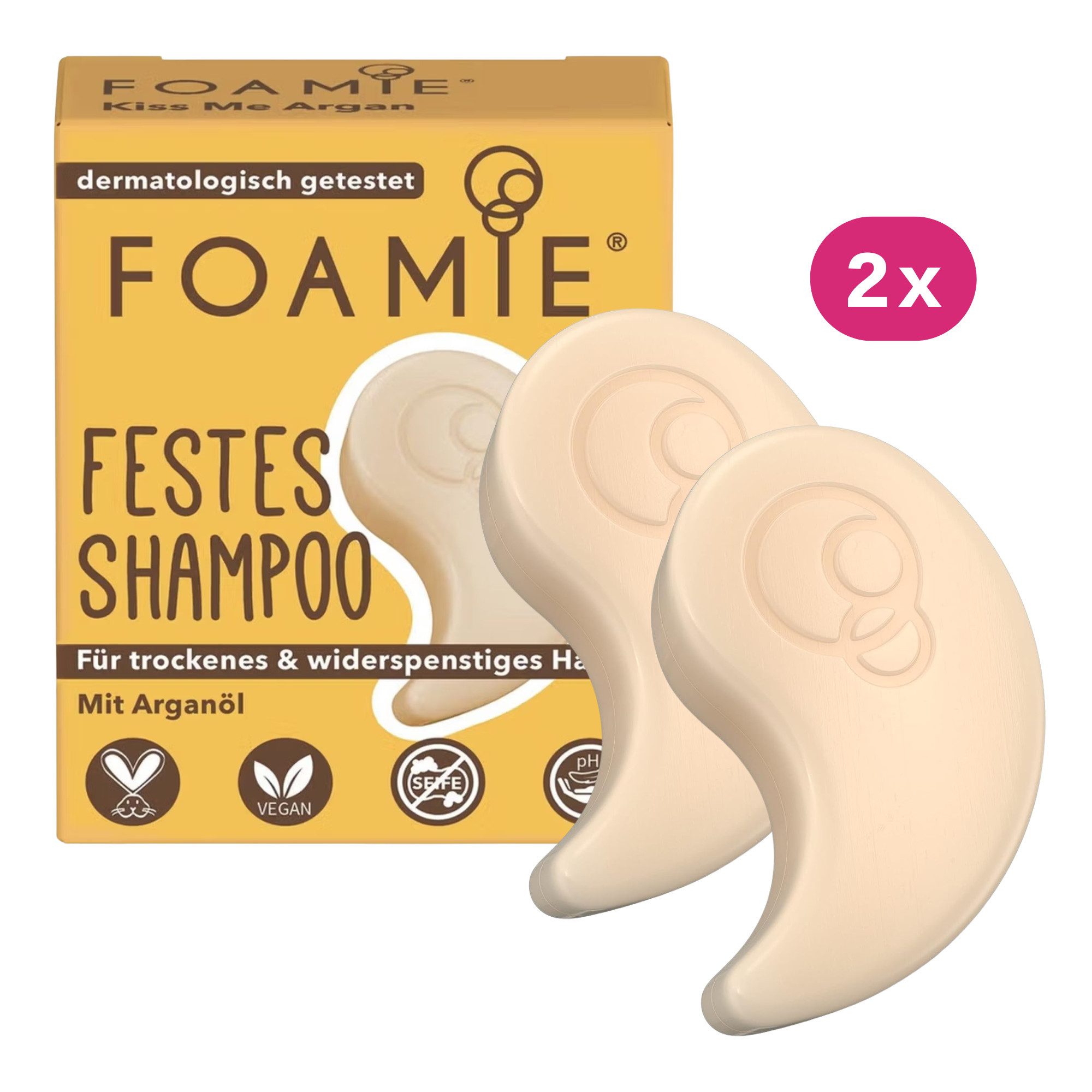 FOAMIE Festes Haarshampoo Foamie Festes Shampoo Reisegröße - Arganöl, trockenes Haar 2x20 g, Vegan, Tierversuchsfrei, ohne Silikone, Parabene, Sulfate