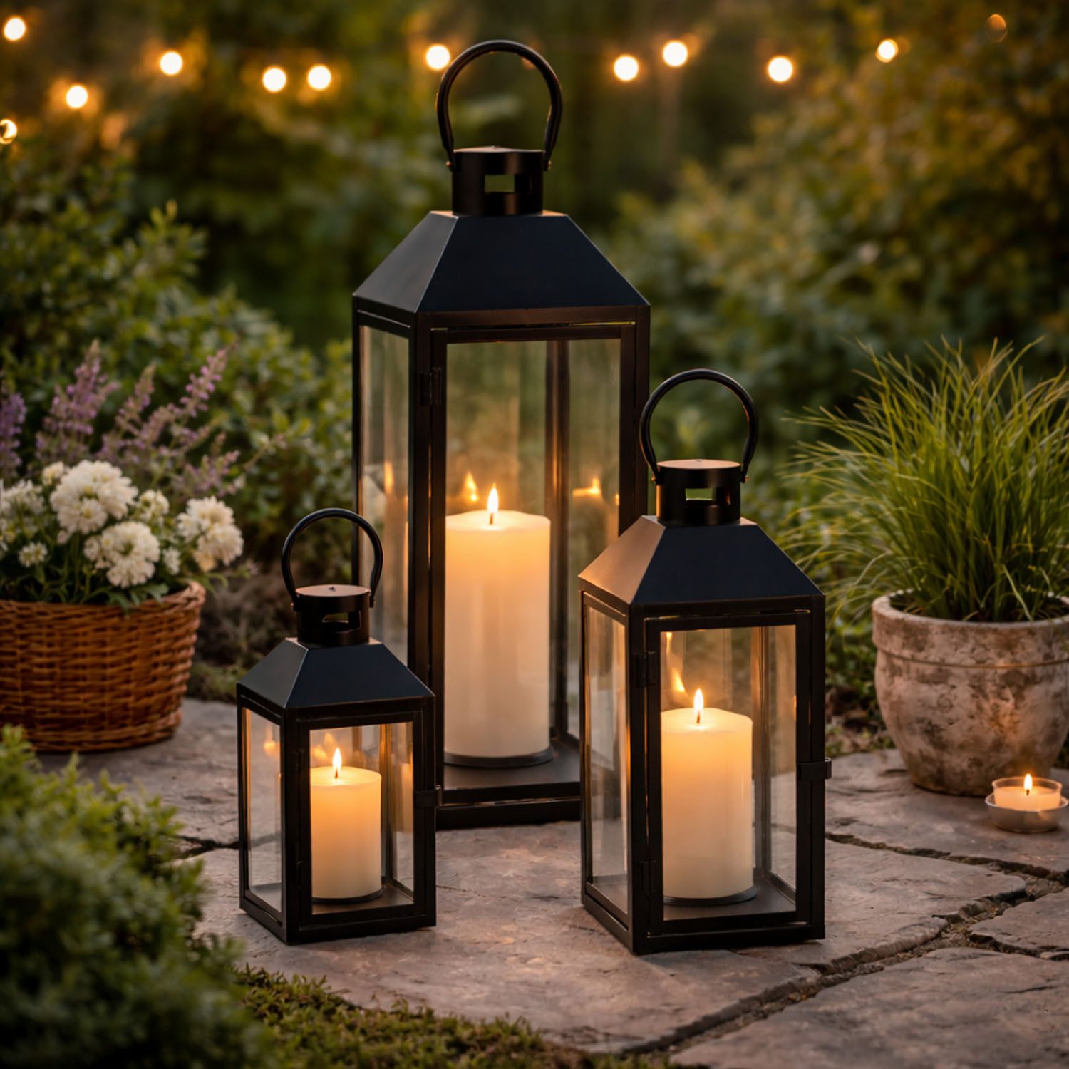 Mojawo Laterne 3er Gartenlaternen Laternen Metall Windlicht Schwarz H23/39/49cm