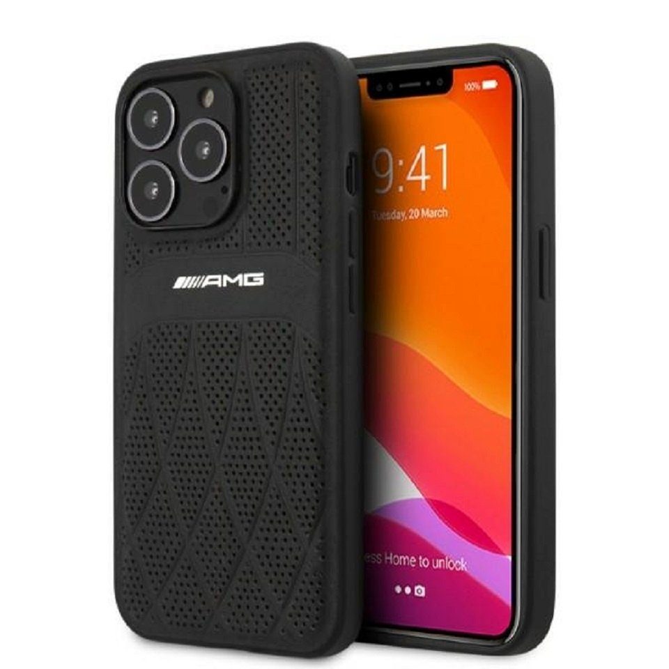 Mercedes Handyhülle Case iPhone 13 Pro Max AMG Echtleder schwarz gelocht Logo 6,7 Zoll, Kantenschutz