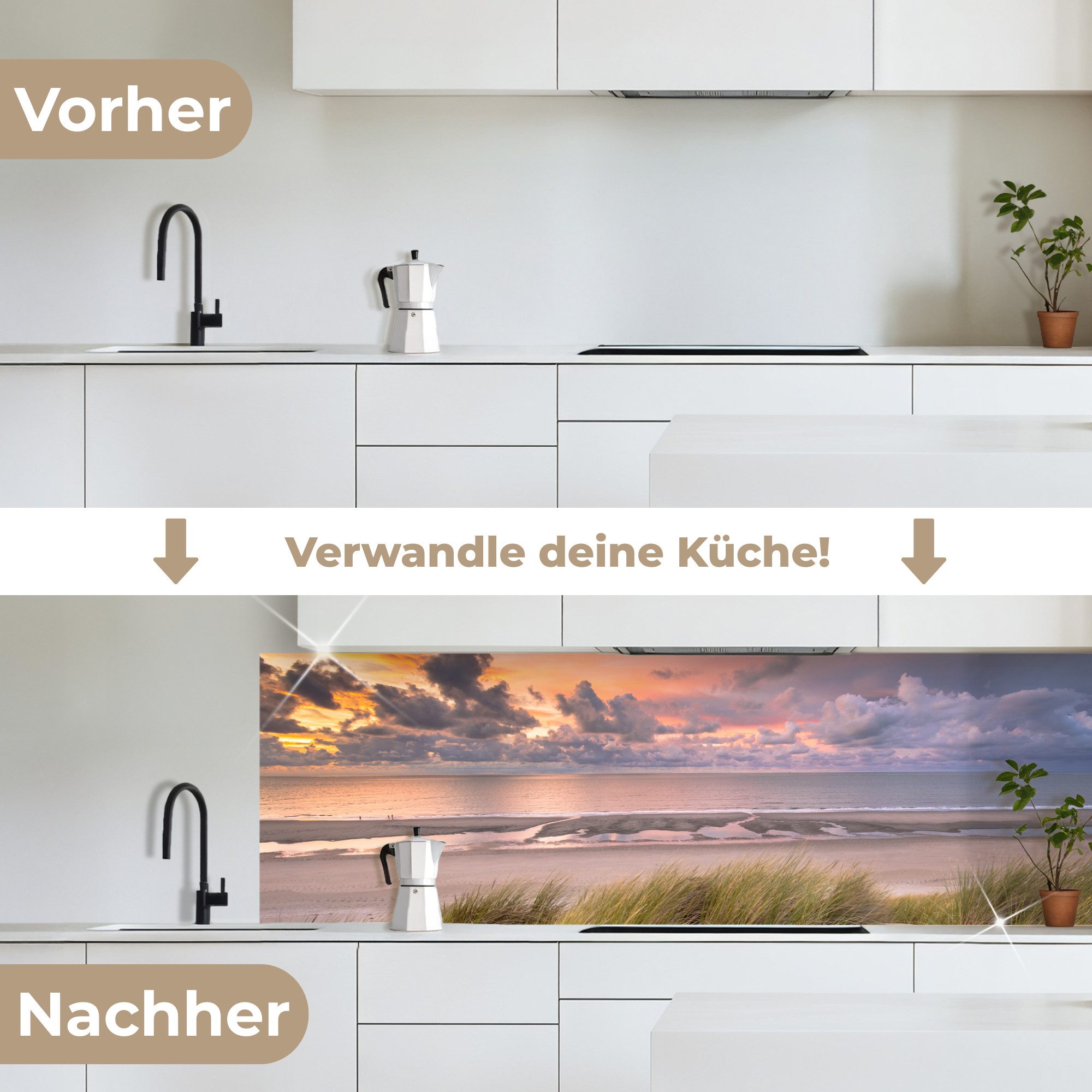 KitchenYeah Küchenrückwand selbstklebend Sonnenuntergang - Düne - Strand - Pflanzen - Meer, (1-tlg), Spritzschutz, Küche, Rückwand, Küchenwand, Ohne Bohren, 250x80 cm