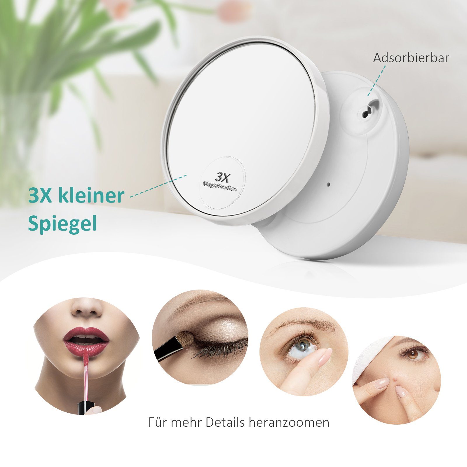 EMKE Kosmetikspiegel Schminkspiegel mit Beleuchtung, 3 Lichtfarben und 3X Vergrößerung, 180° Drehbar USB Wiederaufladbar