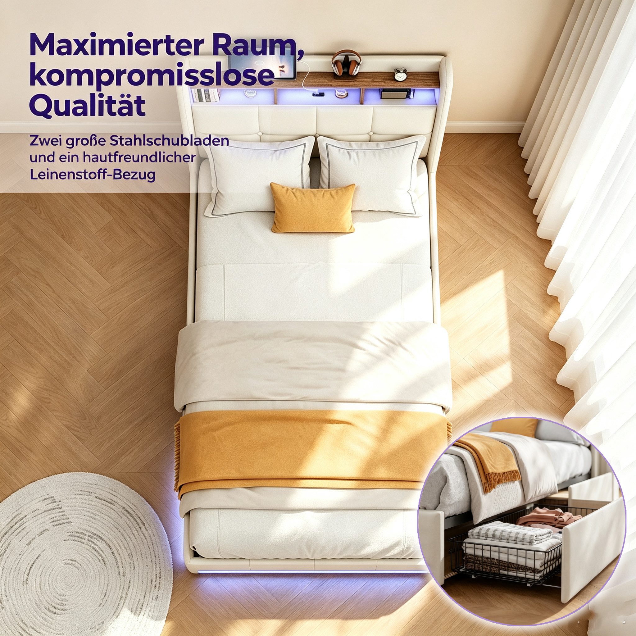 Simurq Einzelbett Polsterbett 90x200 mit 2 Schubladen, Jugendbett, Gästebett, Multifunktionsbett, Mit Lattenrost, USB Port & LED, Leinen
