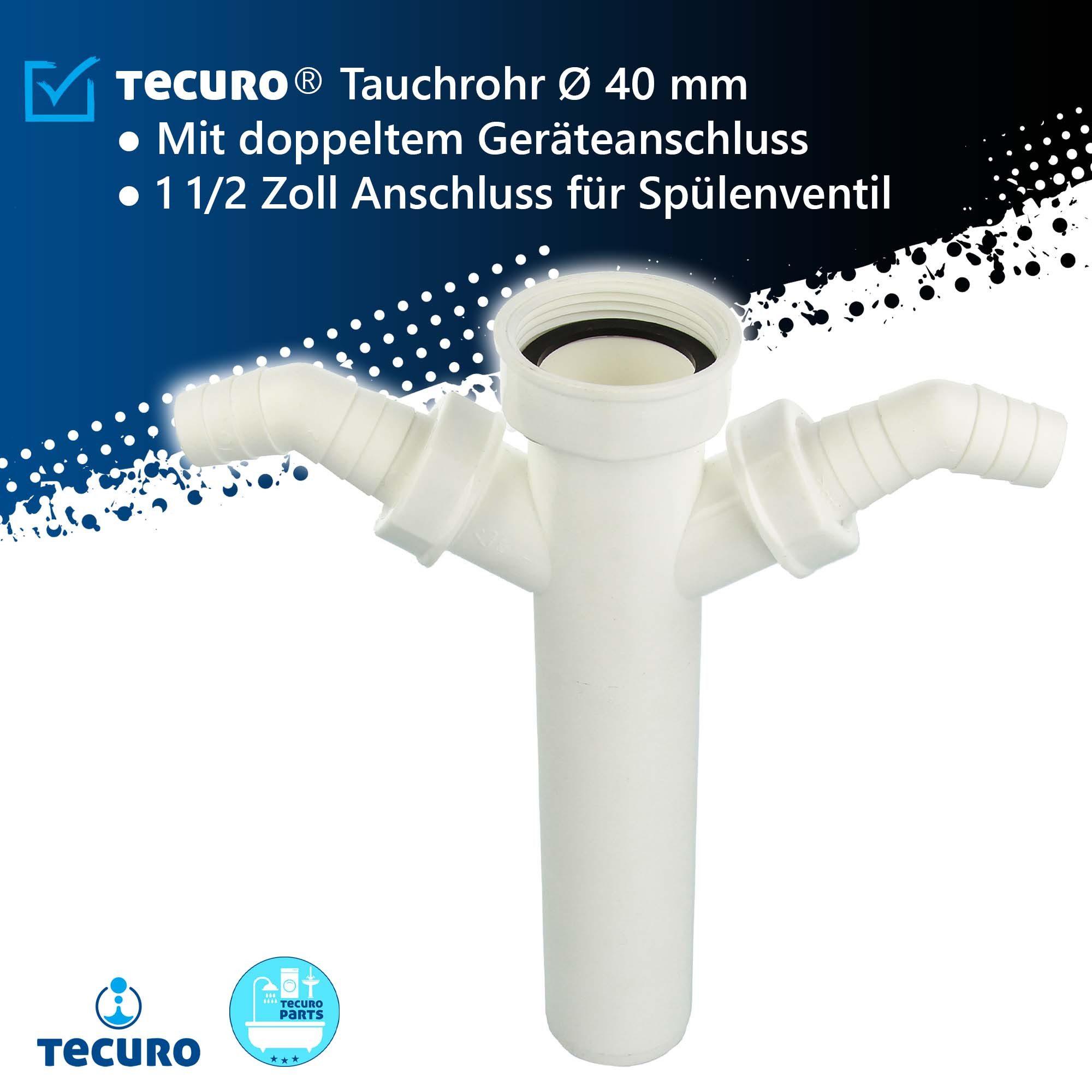 tecuro Siphon Tauchrohr Ø 40 x 250 mm mit Geräteanschluss für Spülensiphon, 2 Geräteanschlüsse