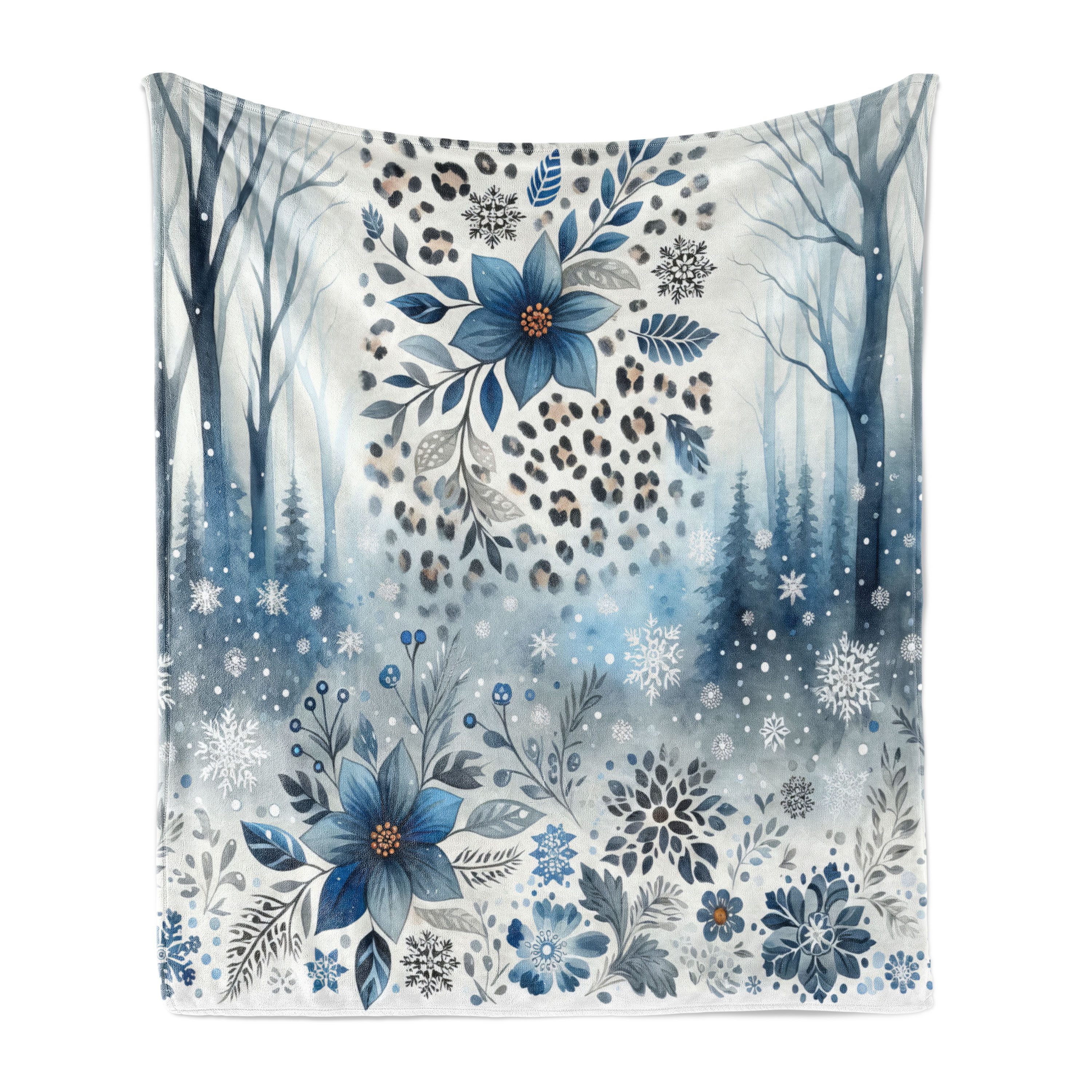 Wohndecke Gemütlicher Plüsch für den Innen- und Außenbereich, Abakuhaus, Winterblau Schnee Wald Blumen Frost