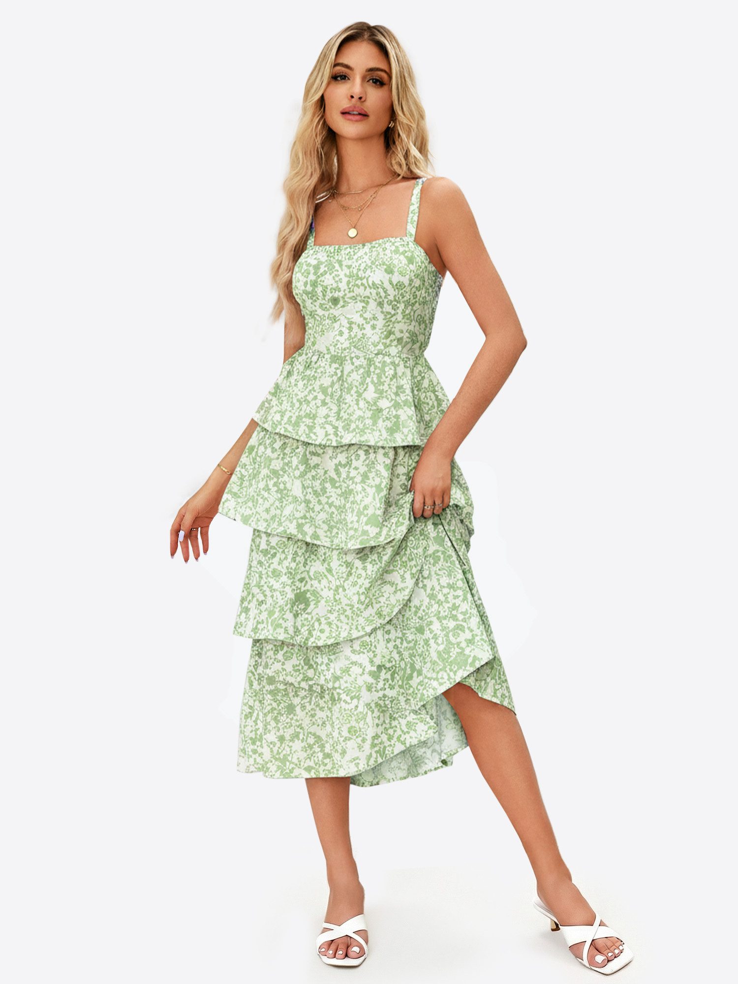 Imily Bela Maxikleid Damen Fließendes Mehrlagiges Kleid mit Rüschen (Packung, 1-tlg., 1per-Pack) Reißverschluss und Bänder hinten