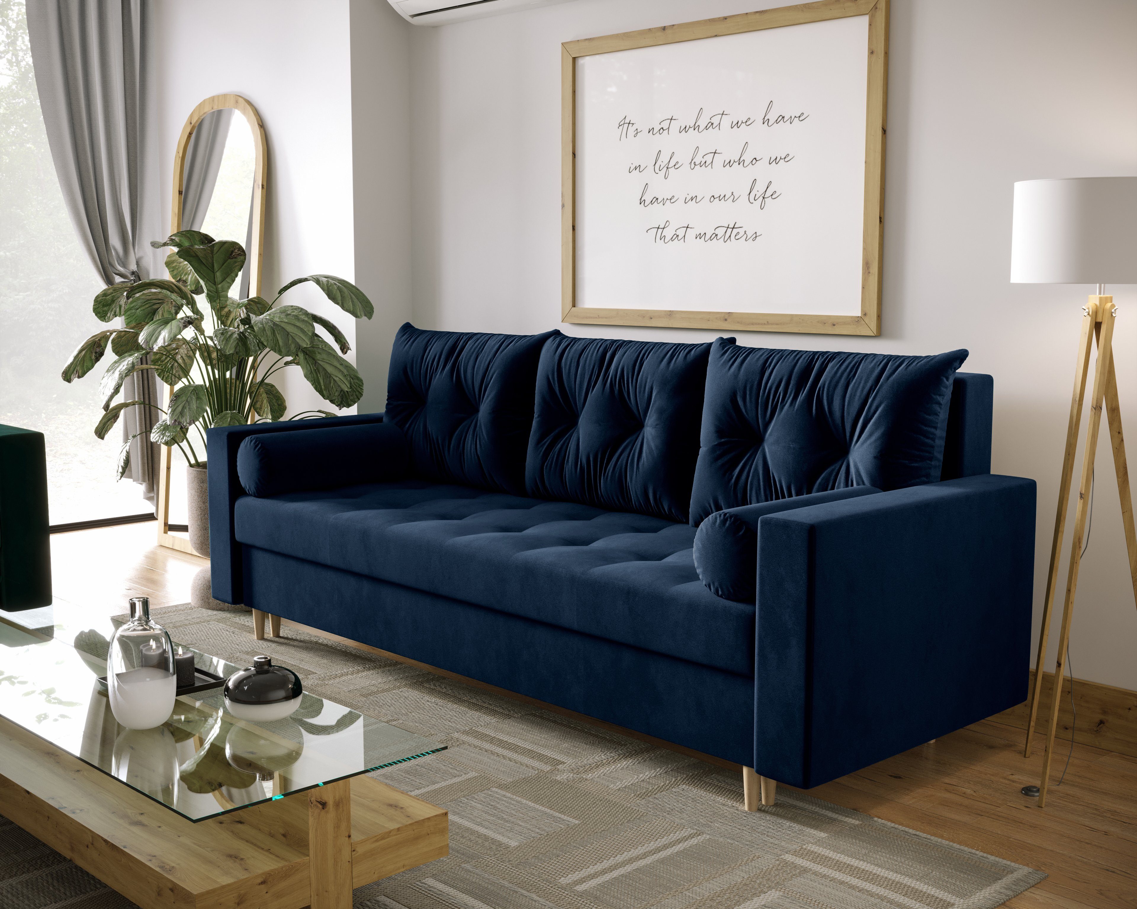 und SKANDI Schlaffunktion COUCH pressiode Bettkasten Schlafsofa, mit Dunkelblau 232cm Sofa