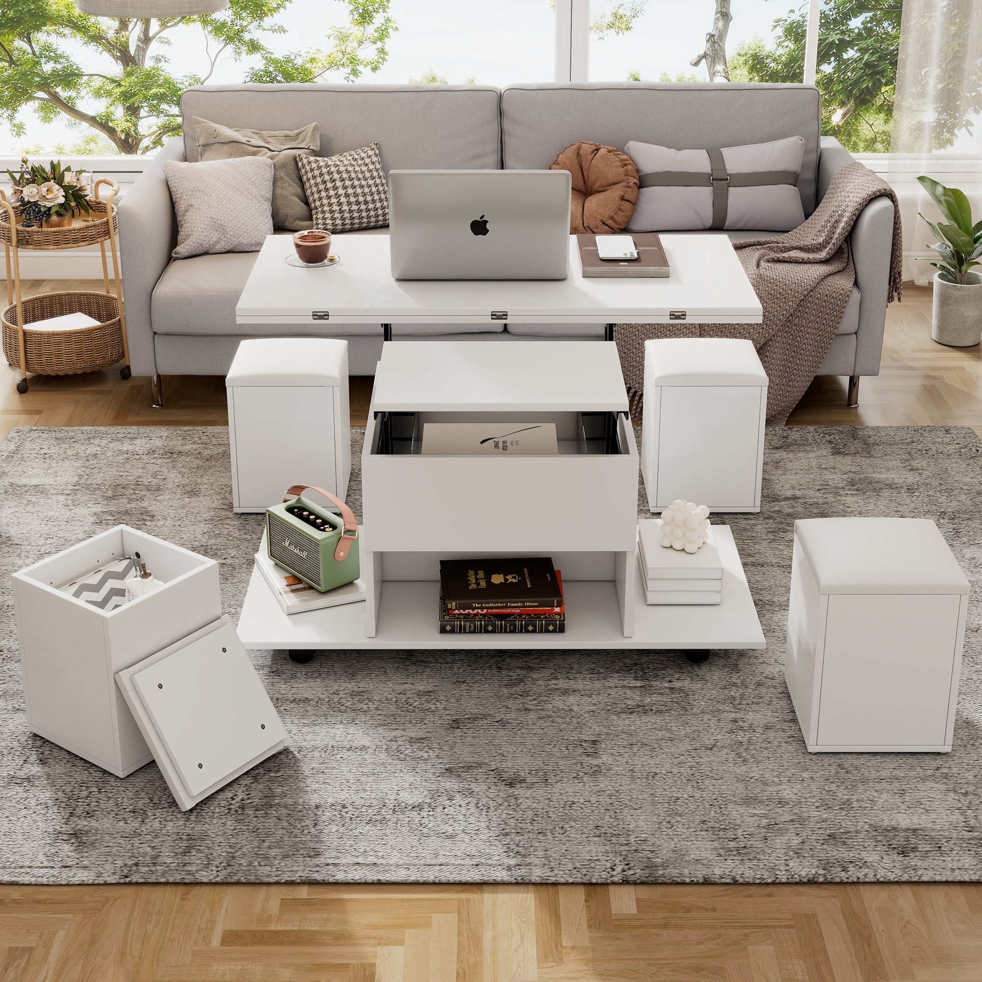 KLAM HOME Couchtisch Höhenverstellbarer Couchtisch Mit Anhebbarer Tischplatte Und Stauraum (Multifunktionaler Wohnzimmertisch In Weiß Mit 4 Integrierten Hockern – Bild 5 von 5